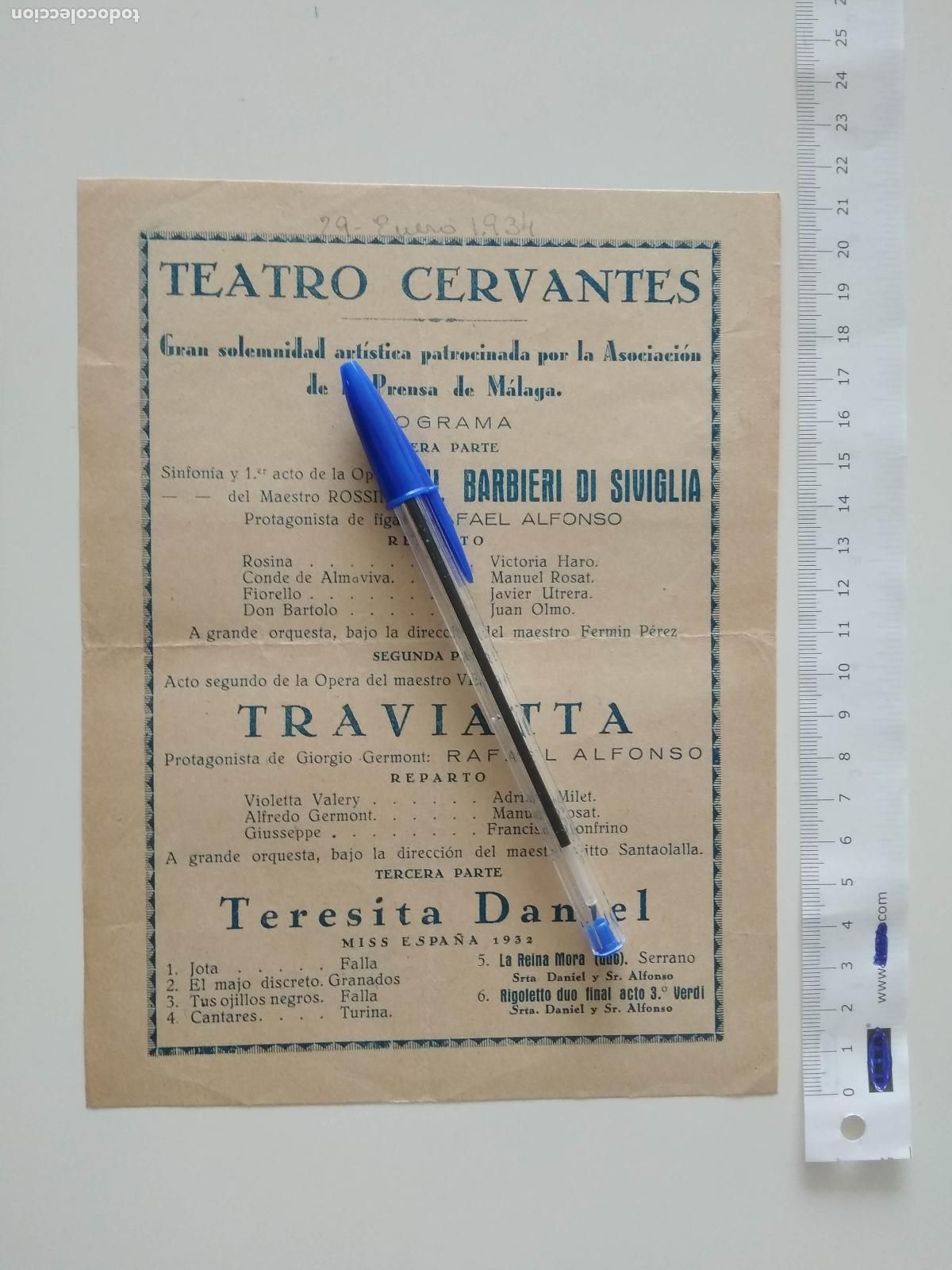 Coleccionismo de carteles: CARTEL TEATRO CERVANTES DE MALAGA 1934 CONCIERTO TERESITA DANIEL TRAVIATTA IL BARBIERI DI SIVIGLIA