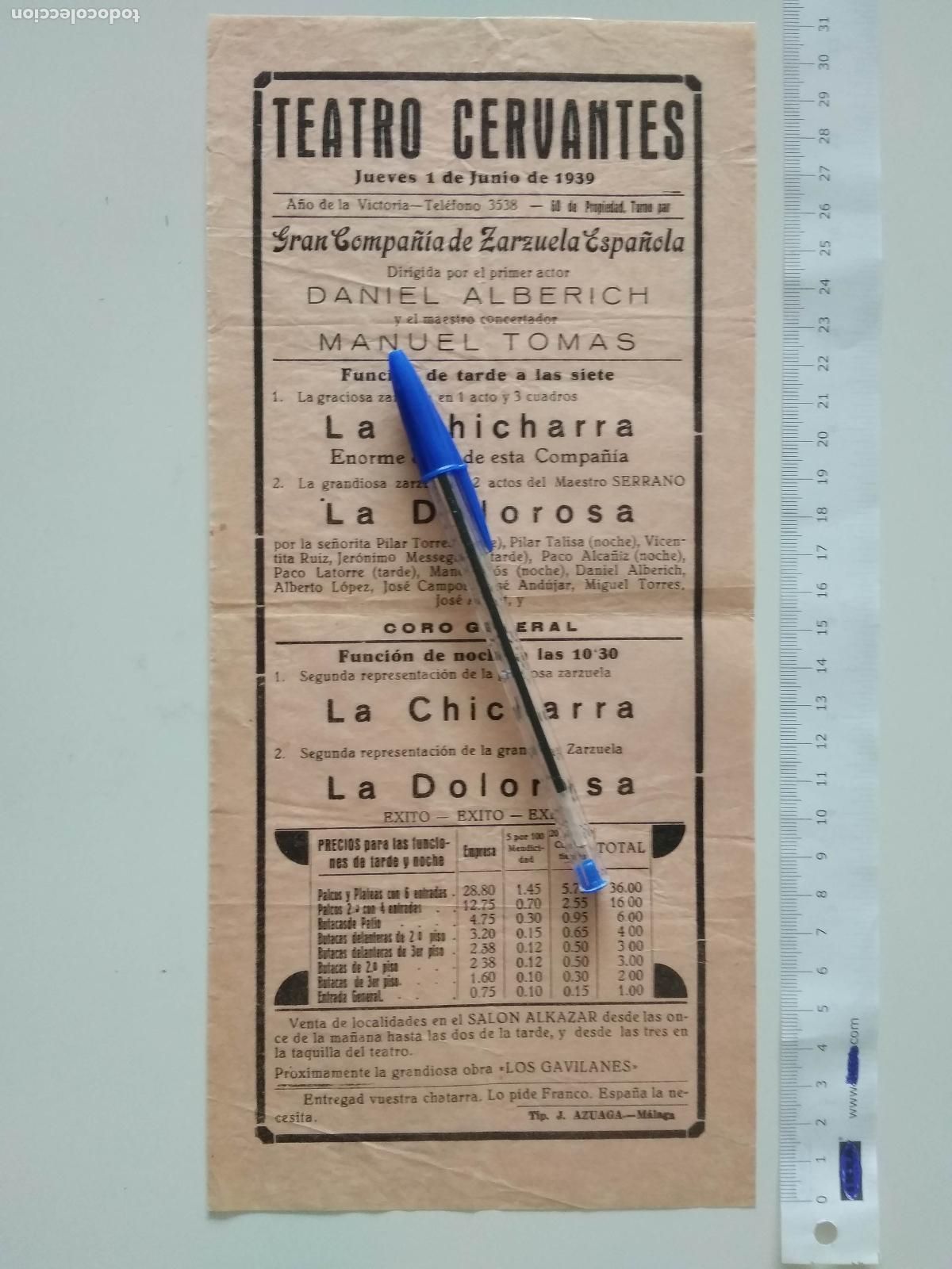 Coleccionismo de carteles: CARTEL TEATRO CERVANTES DE MALAGA 1939 COMPA&Ntilde;IA DANIEL ALBERICH MANUEL TOMAS LA CHICHARRA DOLOROSA