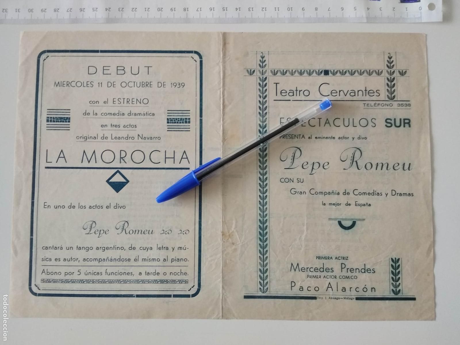 Coleccionismo de carteles: CARTEL TEATRO CERVANTES DE MALAGA 1939 COMPA&Ntilde;IA PEPE ROMEU MERCEDES PRENDES PACO ALARCON