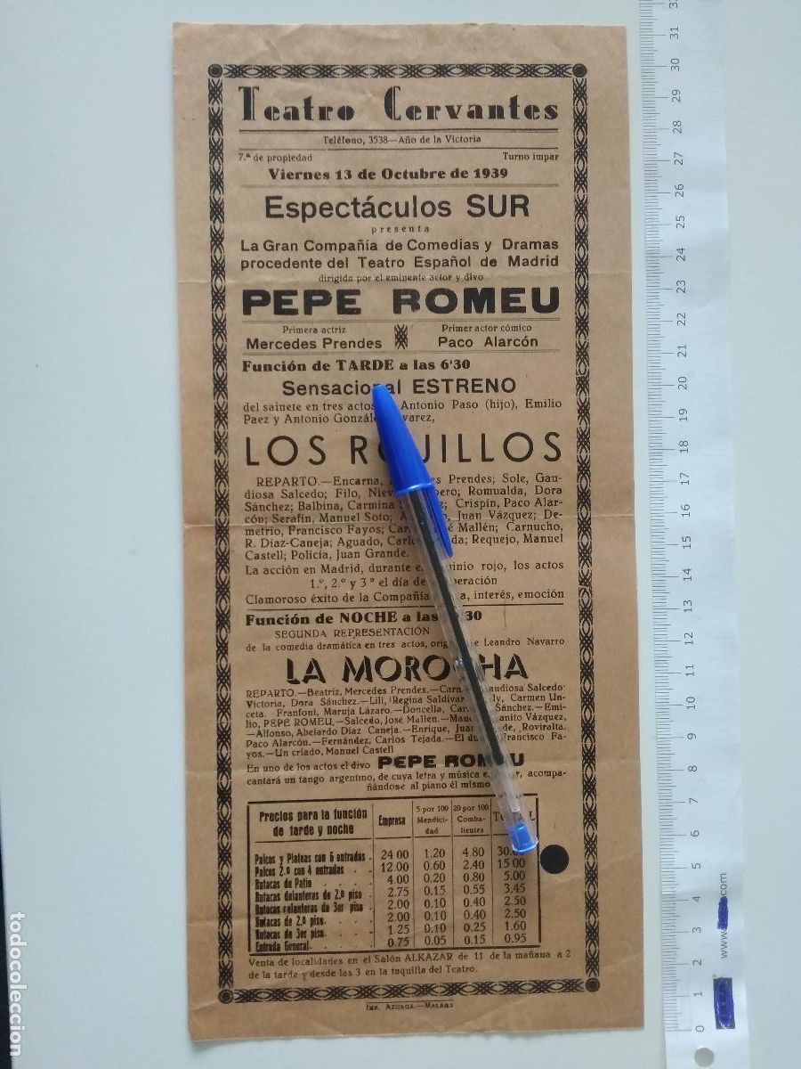 Coleccionismo de carteles: CARTEL TEATRO CERVANTES DE MALAGA 1939 COMPA&Ntilde;IA PEPE ROMEU MERCEDES PRENDES PACO ALARCON