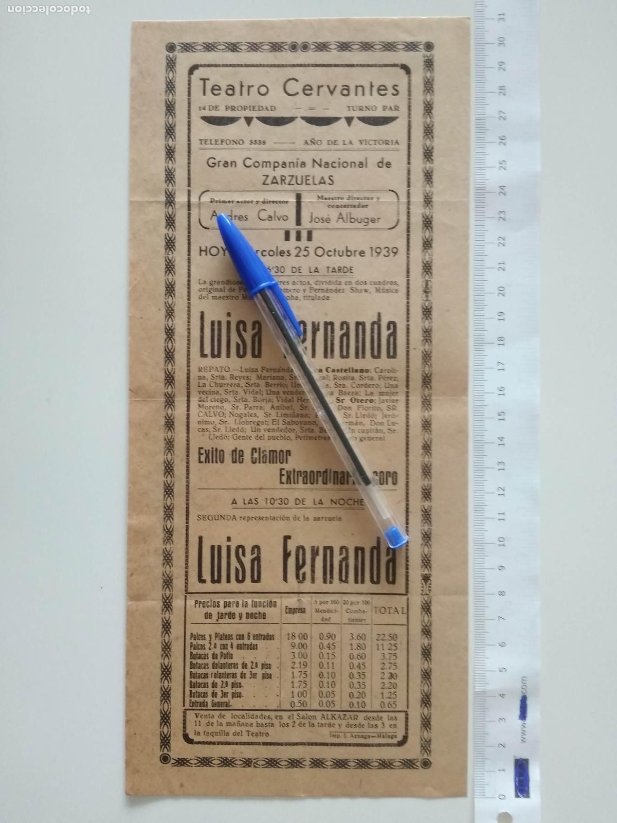 Coleccionismo de carteles: CARTEL TEATRO CERVANTES DE MALAGA 1939 COMPA&Ntilde;IA ANDRES CALVO JOSE ALBUGUER LUISA FERNANDA