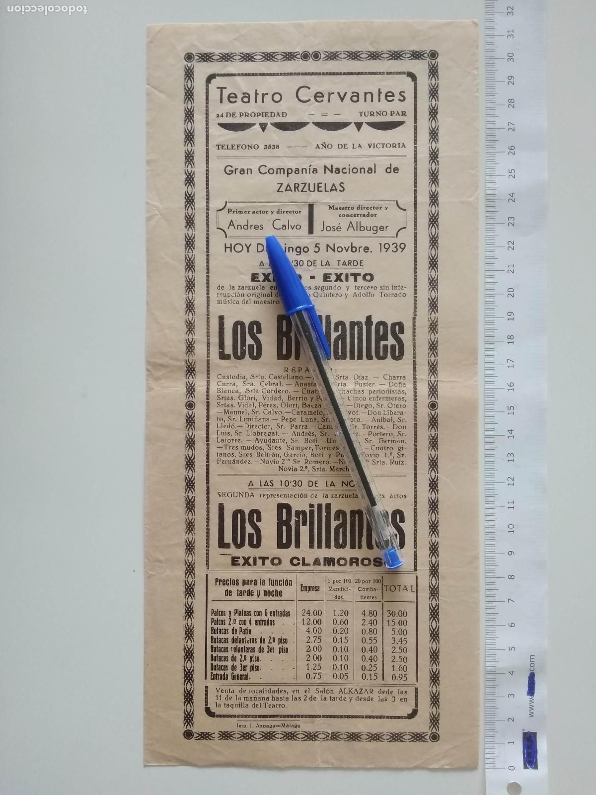 Coleccionismo de carteles: CARTEL TEATRO CERVANTES DE MALAGA 1939 COMPA&Ntilde;IA ANDRES CALVO JOSE ALBUGUER LOS BRILLANTES