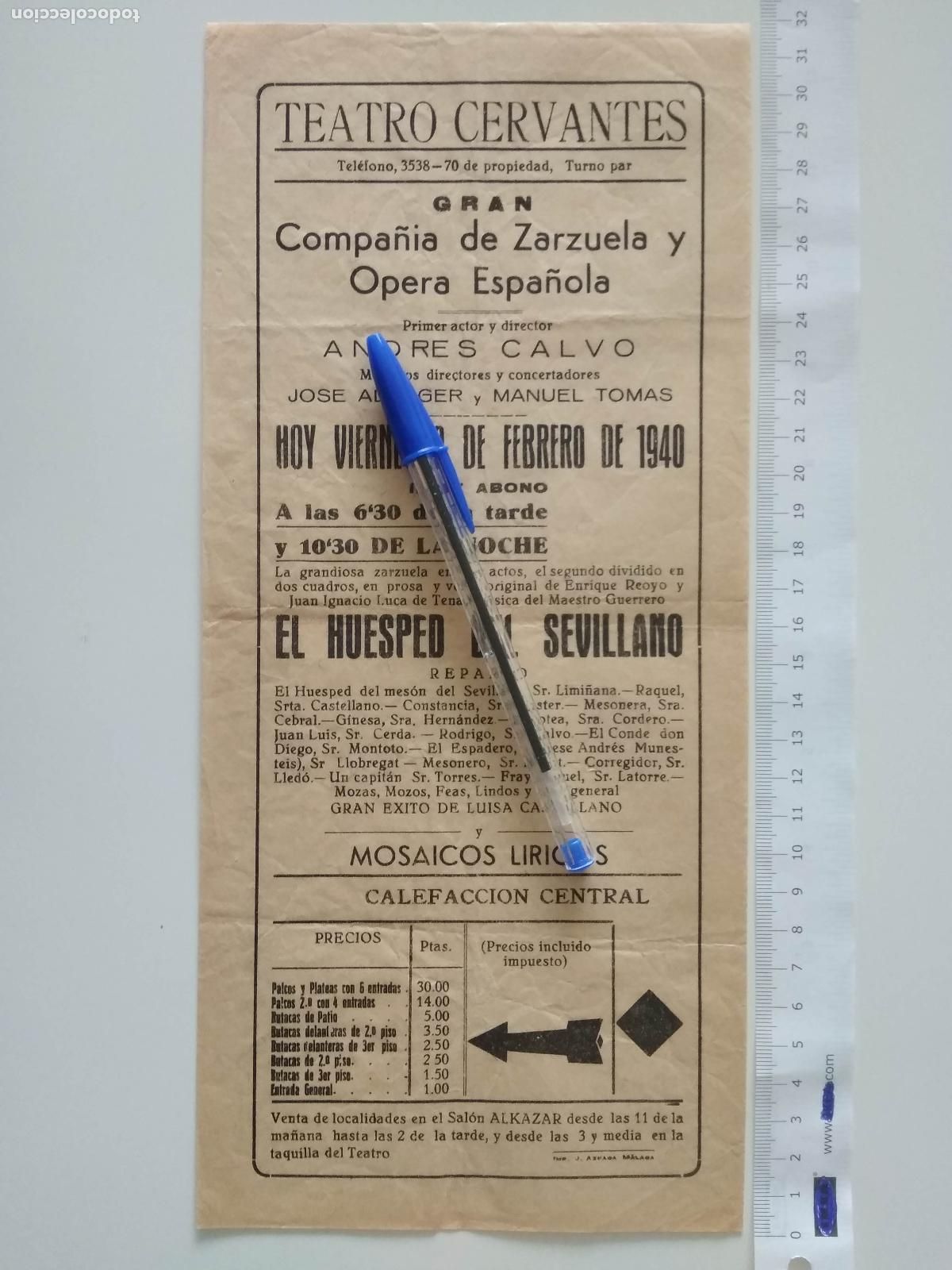 Coleccionismo de carteles: CARTEL TEATRO CERVANTES DE MALAGA 1940 COMPA&Ntilde;IA ANDRES CALVO JOSE ALBUGER MANUEL TOMAS