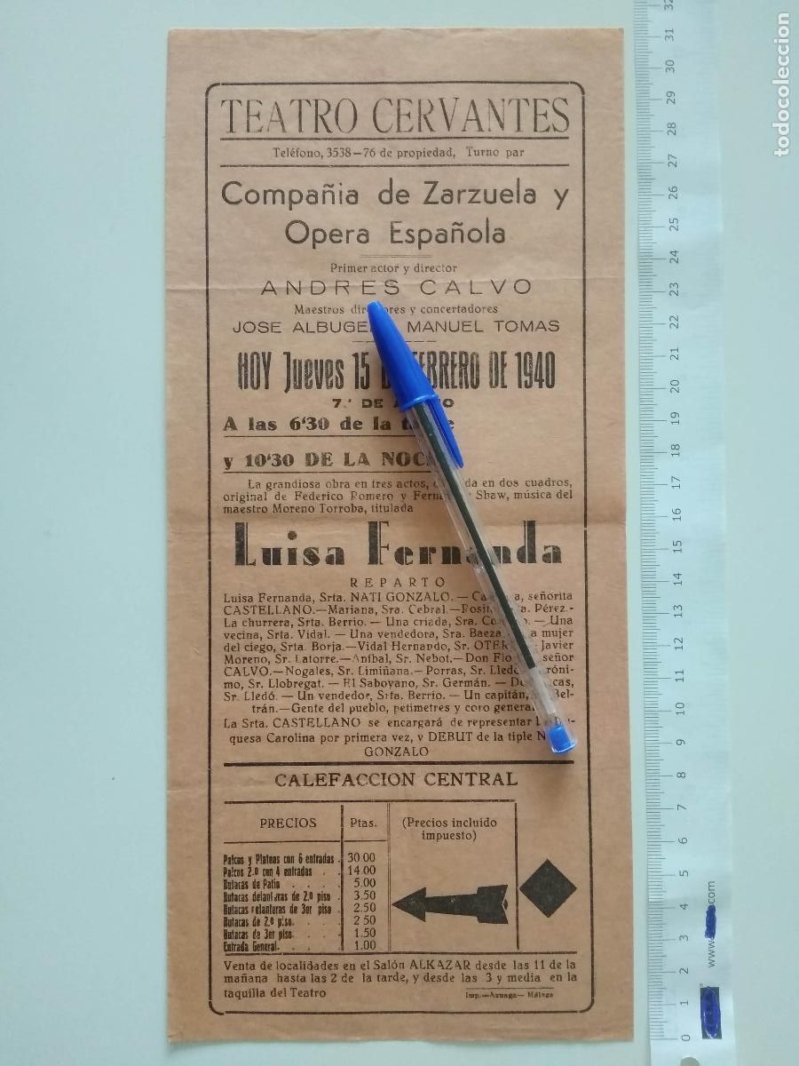 Coleccionismo de carteles: CARTEL TEATRO CERVANTES DE MALAGA 1940 COMPA&Ntilde;IA ANDRES CALVO JOSE ALBUGER MANUEL TOMAS LUISA FERNAND