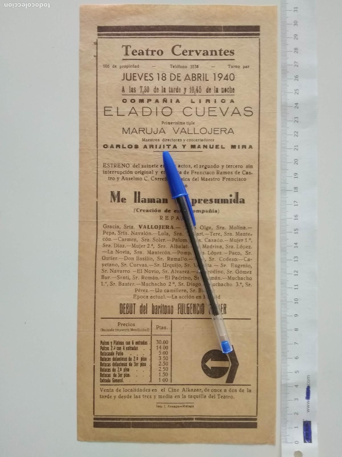 Coleccionismo de carteles: CARTEL TEATRO CERVANTES DE MALAGA 1940 COMPA&Ntilde;IA ELADIO CUEVAS MARUJA VALLOJERA CARLOS ARIJITA