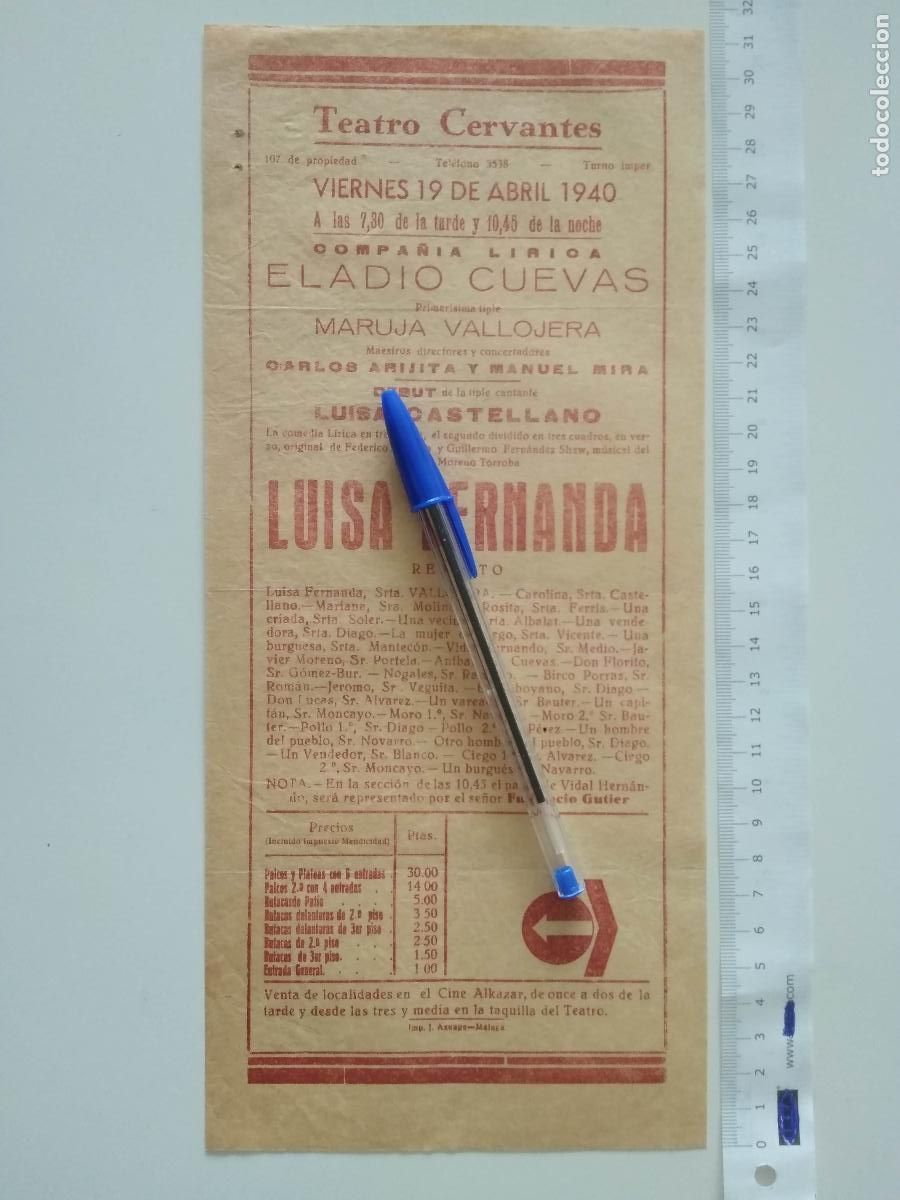 Coleccionismo de carteles: CARTEL TEATRO CERVANTES DE MALAGA 1940 COMPA&Ntilde;IA ELADIO CUEVAS MARUJA VALLOJERA CARLOS ARIJITA