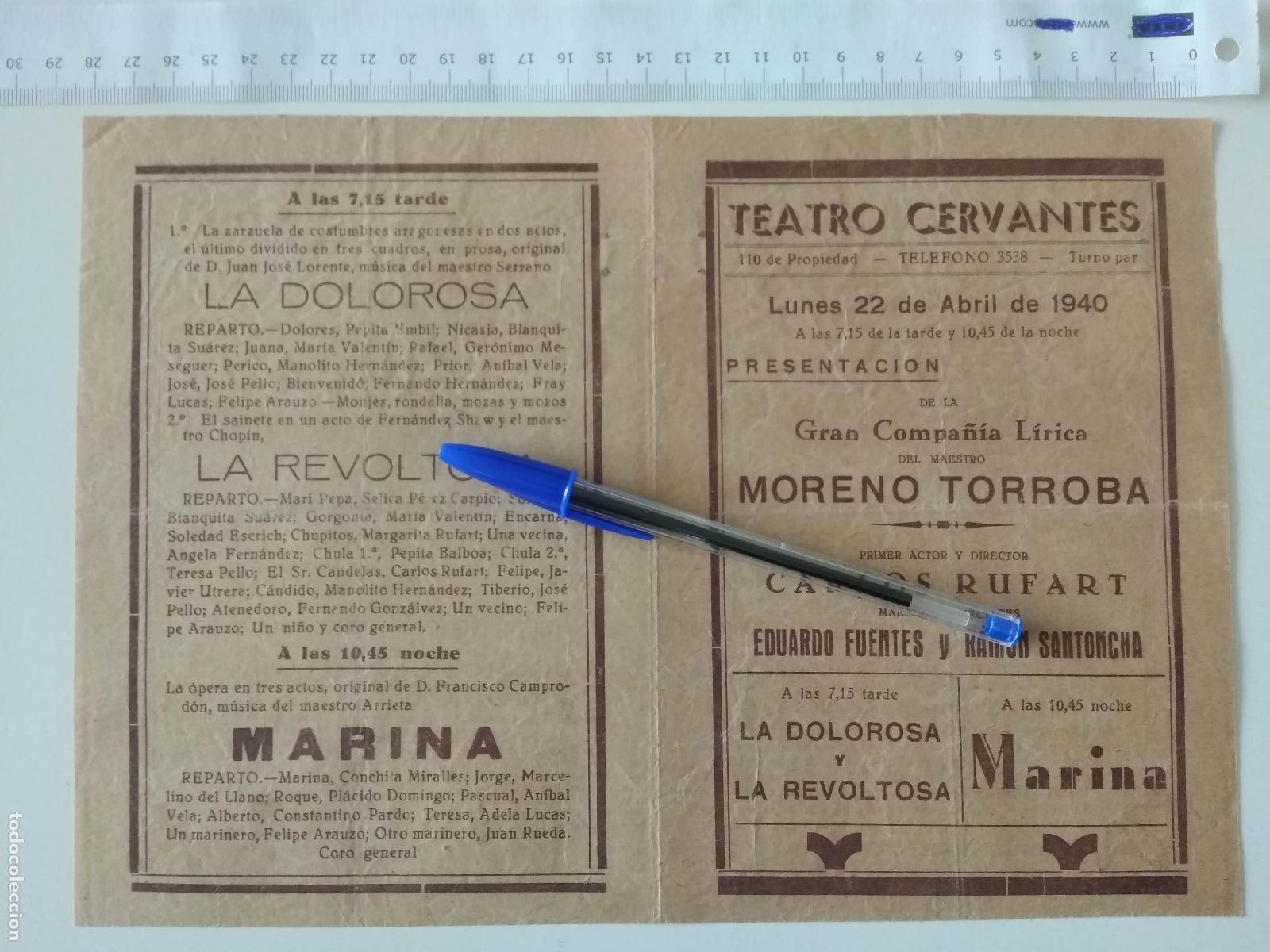 Coleccionismo de carteles: CARTEL TEATRO CERVANTES DE MALAGA 1940 COMPA&Ntilde;IA MORENO TORROBA CARLOS RUFART EDUARDO FUENTES