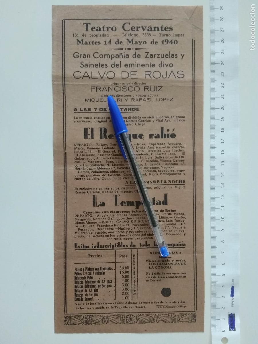 Coleccionismo de carteles: CARTEL TEATRO CERVANTES DE MALAGA 1940 COMPA&Ntilde;IA CALVO DE ROJAS FRANCISCO RUIZ MIQUEL PURI RAFAEL LOP