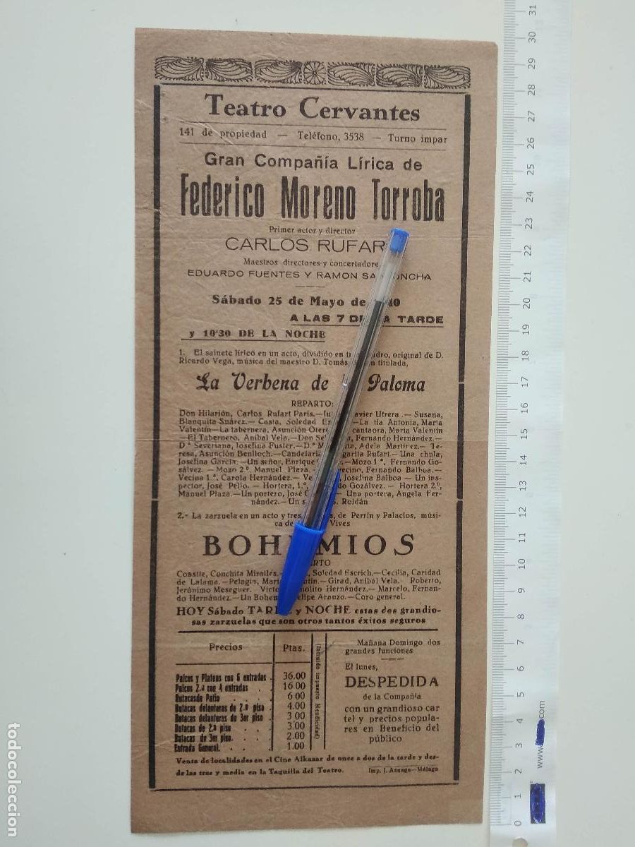 Coleccionismo de carteles: CARTEL TEATRO CERVANTES DE MALAGA 1940 COMPA&Ntilde;IA FEDERICO MORENO TORROBA CARLOS RUFART EDUARDO FUENTE