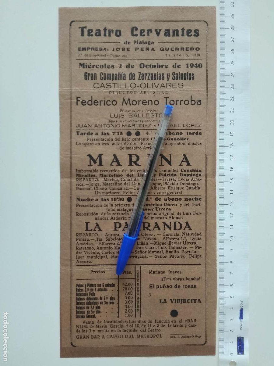 Coleccionismo de carteles: CARTEL TEATRO CERVANTES DE MALAGA 1940 COMPA&Ntilde;IA FEDERICO MORENO TORROBA CASTILLO OLIVARES MARINA