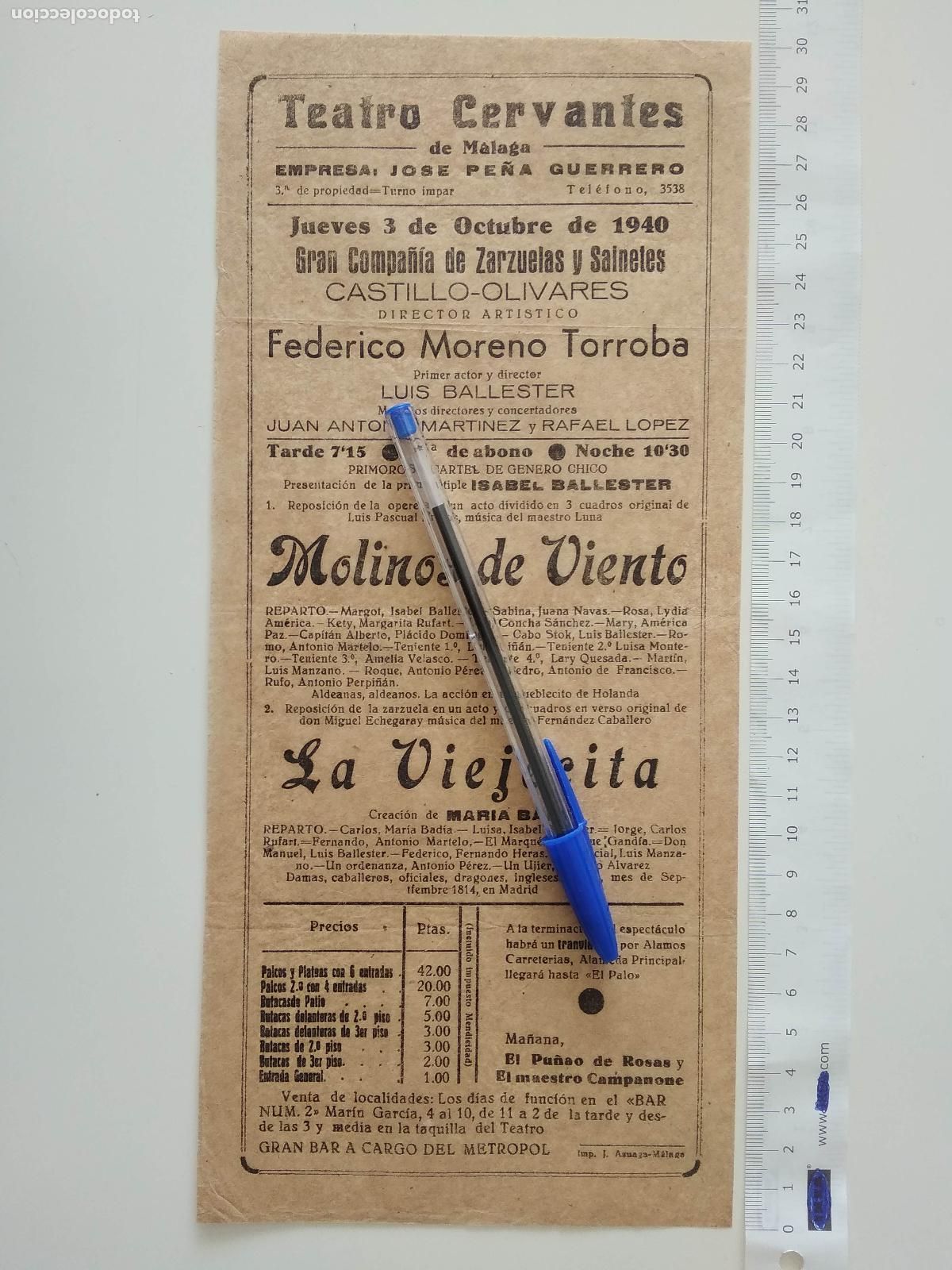 Coleccionismo de carteles: CARTEL TEATRO CERVANTES DE MALAGA 1940 COMPA&Ntilde;IA FEDERICO MORENO TORROBA CASTILLO OLIVARES VIEJECITA