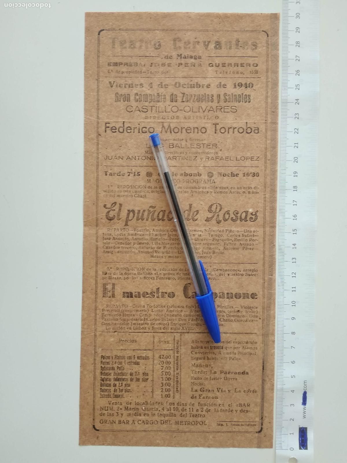 Coleccionismo de carteles: CARTEL TEATRO CERVANTES DE MALAGA 1940 COMPA&Ntilde;IA FEDERICO MORENO TORROBA CASTILLO OLIVARES BALLESTER