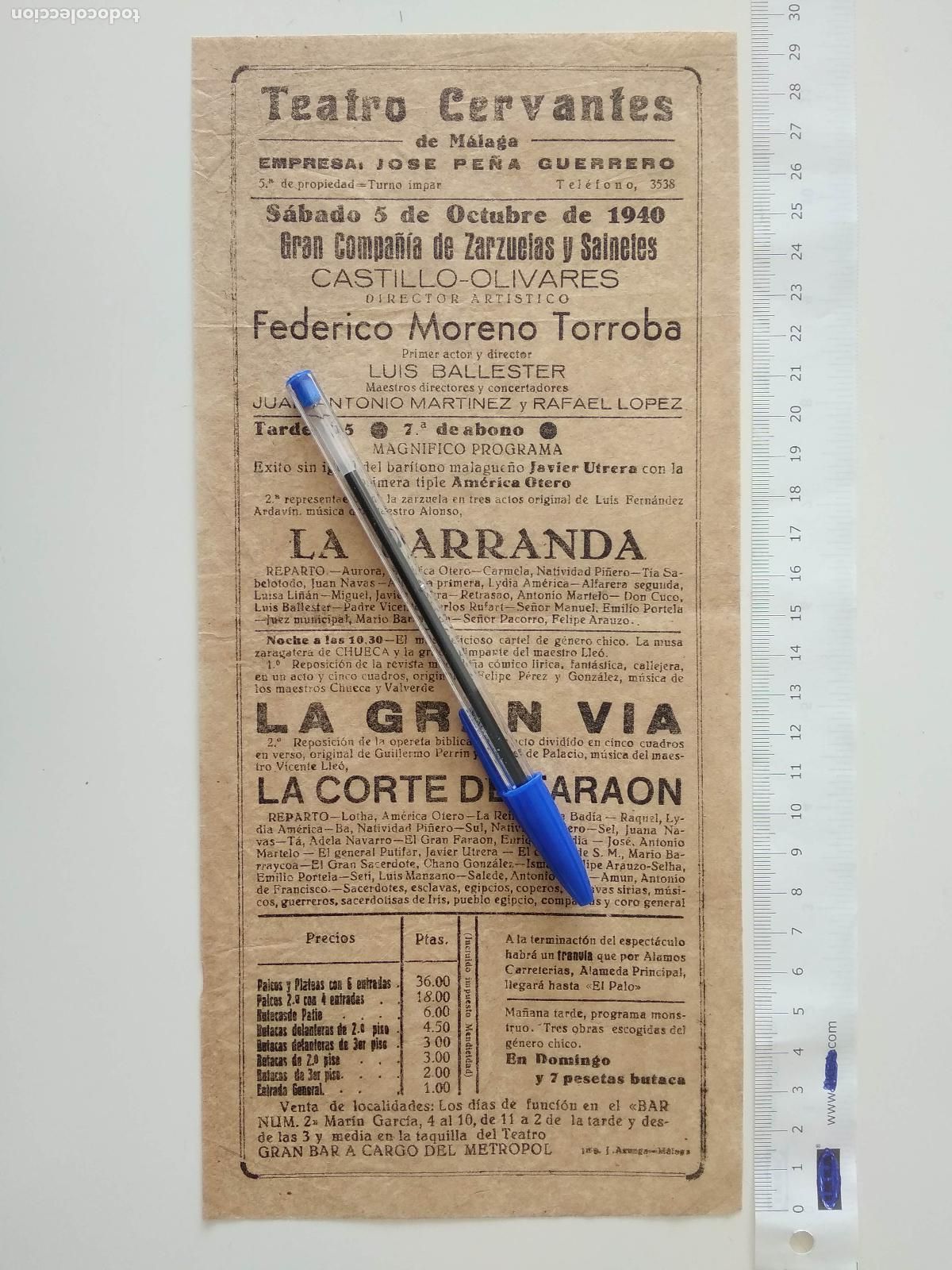 Coleccionismo de carteles: CARTEL TEATRO CERVANTES DE MALAGA 1940 COMPA&Ntilde;IA FEDERICO MORENO TORROBA CASTILLO OLIVARES BALLESTER