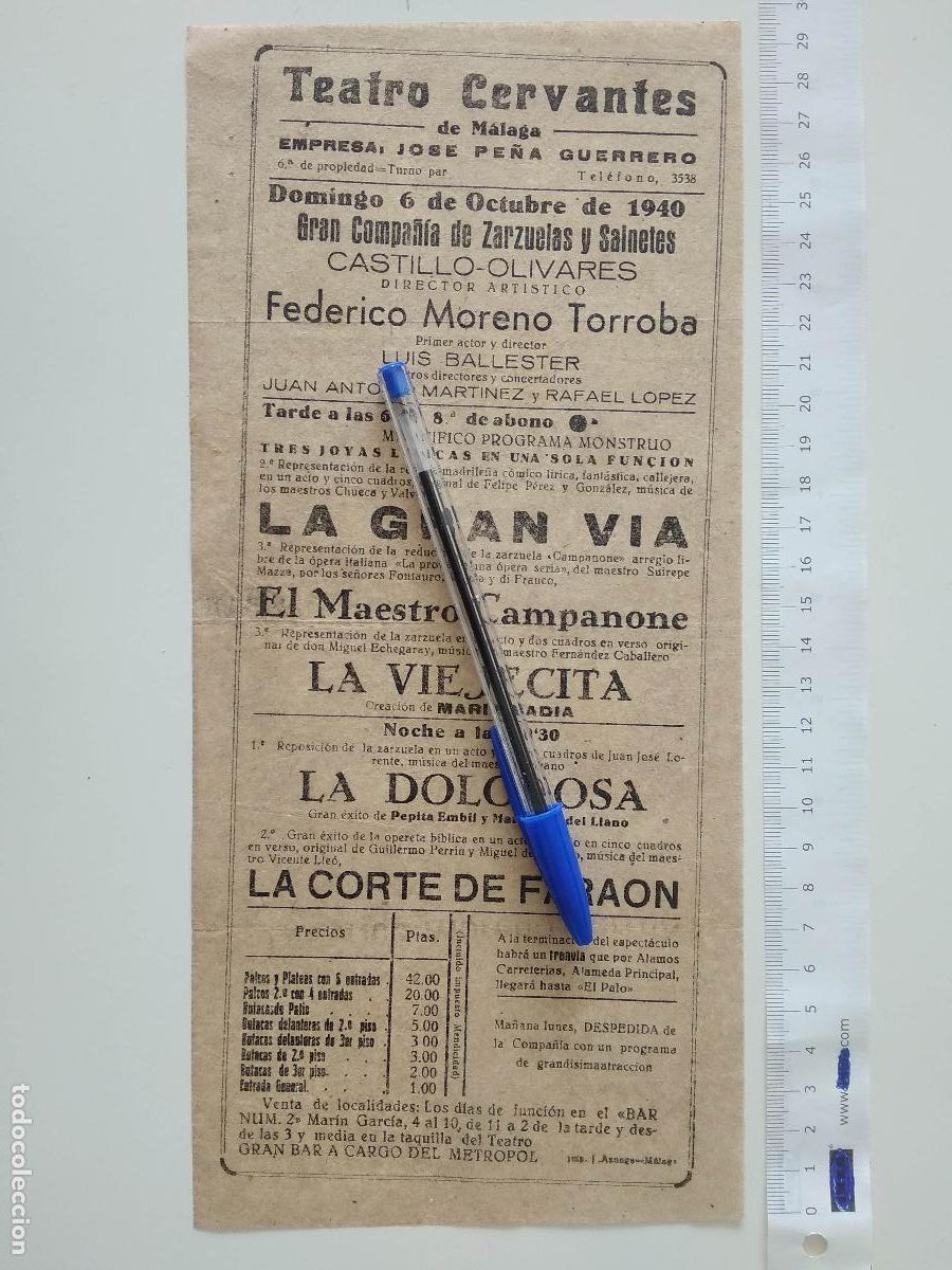 Coleccionismo de carteles: CARTEL TEATRO CERVANTES DE MALAGA 1940 COMPA&Ntilde;IA FEDERICO MORENO TORROBA CASTILLO OLIVARES BALLESTER