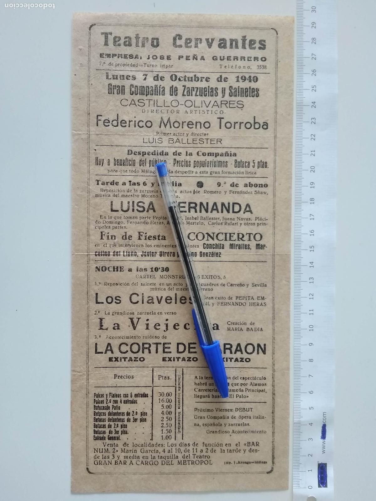 Coleccionismo de carteles: CARTEL TEATRO CERVANTES DE MALAGA 1940 COMPA&Ntilde;IA FEDERICO MORENO TORROBA CASTILLO OLIVARES BALLESTER