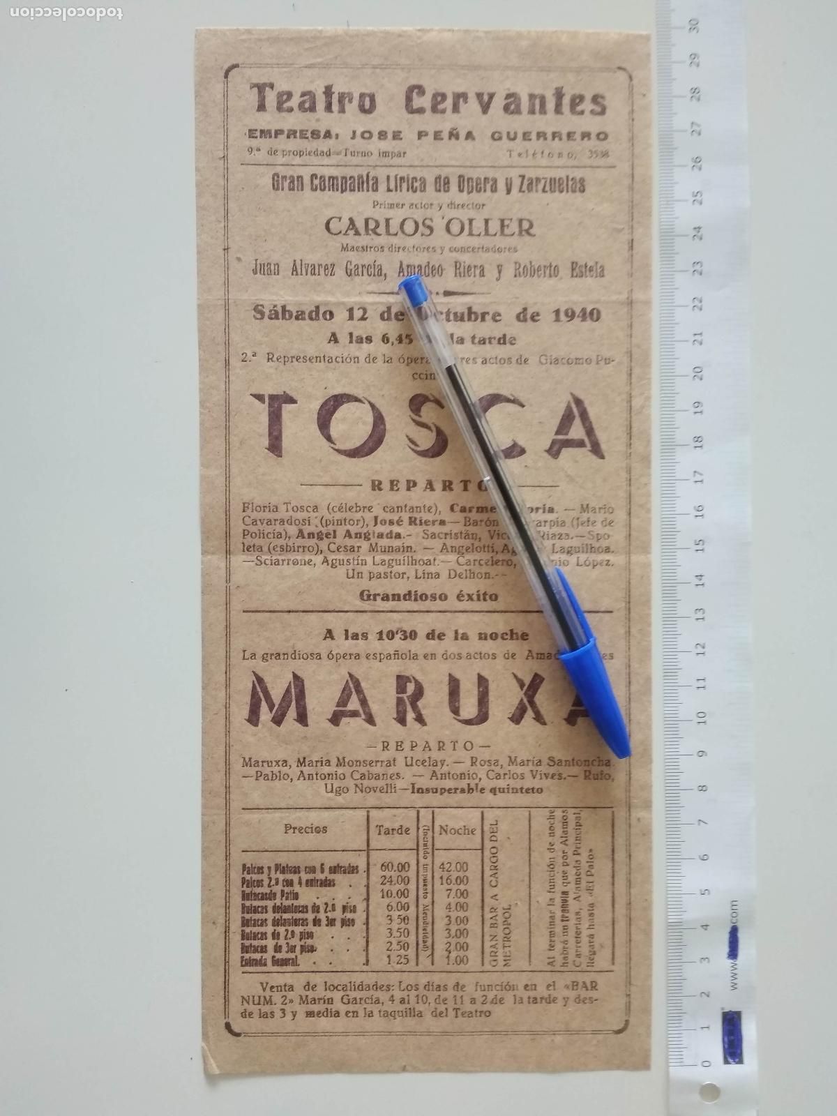 Coleccionismo de carteles: CARTEL TEATRO CERVANTES DE MALAGA 1940 COMPA&Ntilde;IA CARLOS OLLER JUAN ALVAREZ GARCIA TOSCA MARUXA