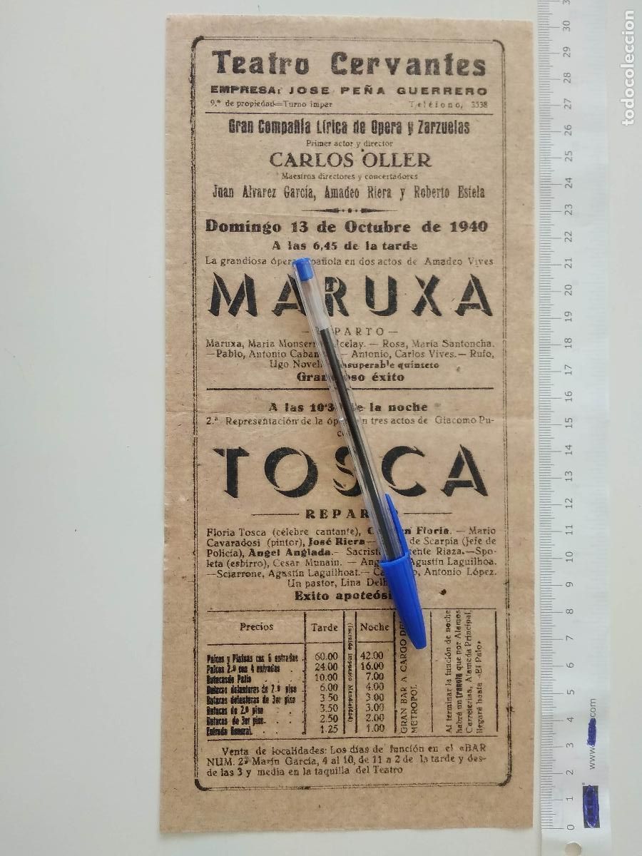 Coleccionismo de carteles: CARTEL TEATRO CERVANTES DE MALAGA 1940 COMPA&Ntilde;IA CARLOS OLLER JUAN ALVAREZ GARCIA TOSCA MARUXA