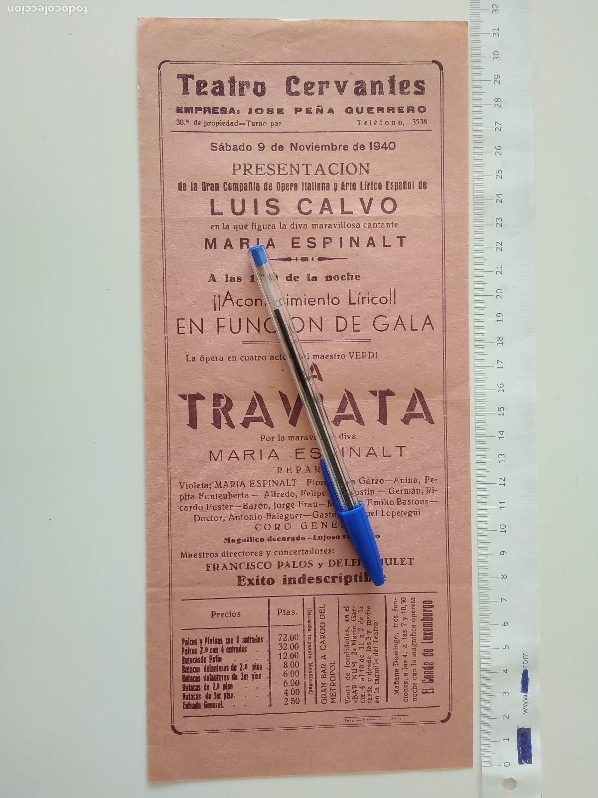 Coleccionismo de carteles: CARTEL TEATRO CERVANTES DE MALAGA 1940 COMPA&Ntilde;IA LUIS CALVO JOSE PE&Ntilde;A GUERRERO MARIA ESPINALT