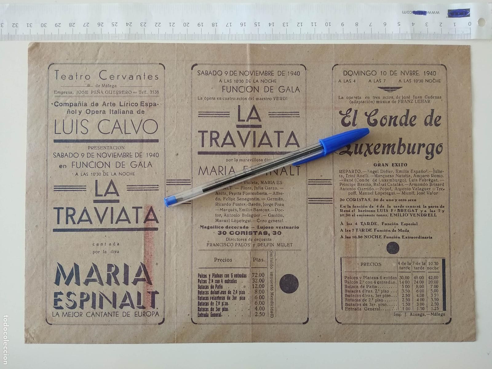 Coleccionismo de carteles: CARTEL TEATRO CERVANTES DE MALAGA 1940 COMPA&Ntilde;IA LUIS CALVO JOSE PE&Ntilde;A GUERRERO MARIA ESPINALT