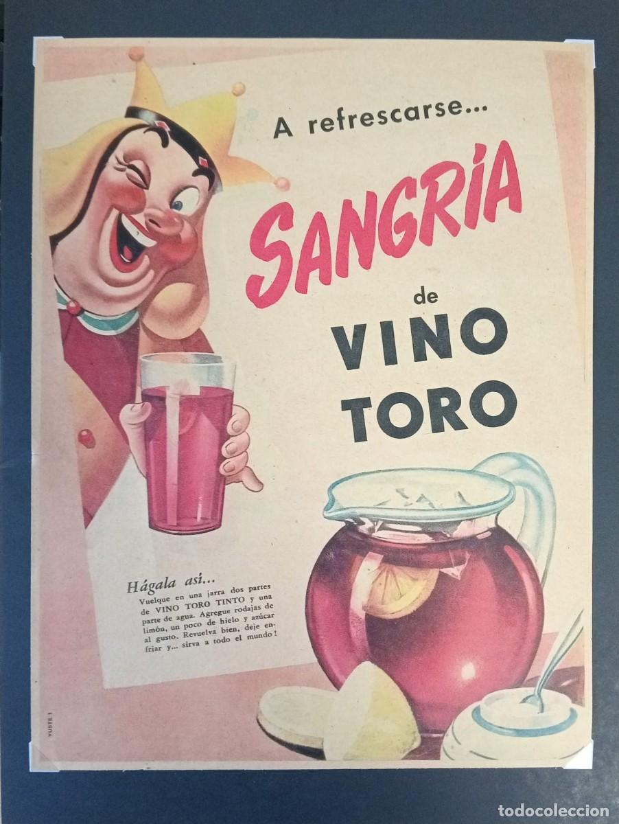 Coleccionismo de carteles: SANGR&Iacute;A DE VINO TORO - PUBLICIDAD ORIGINAL, 1946 / 27 x 21 Cm. - PARA T&Iacute;, ARGENTINA