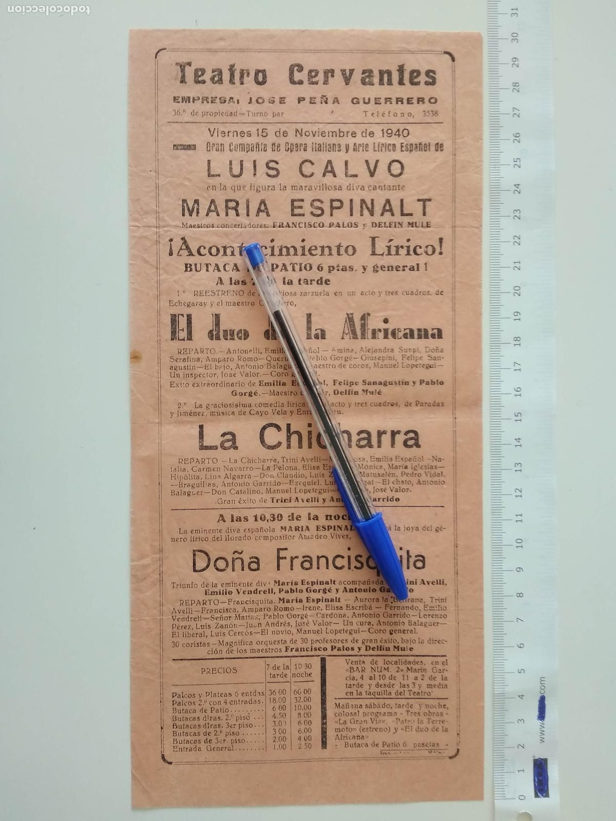 Coleccionismo de carteles: CARTEL TEATRO CERVANTES DE MALAGA 1940 COMPA&Ntilde;IA LUIS CALVO JOSE PE&Ntilde;A GUERRERO MARIA ESPINALT