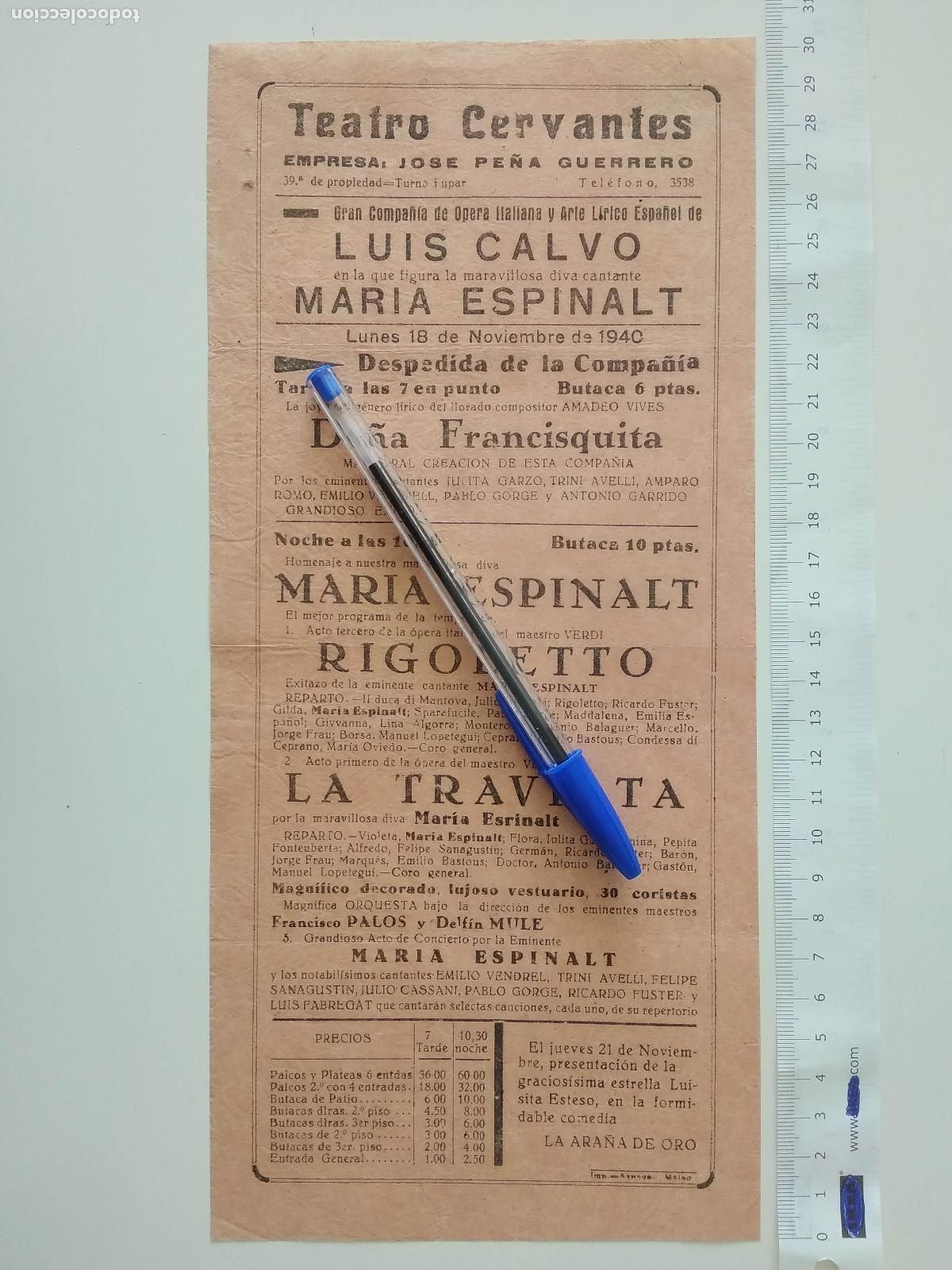 Coleccionismo de carteles: CARTEL TEATRO CERVANTES DE MALAGA 1940 COMPA&Ntilde;IA LUIS CALVO JOSE PE&Ntilde;A GUERRERO MARIA ESPINALT