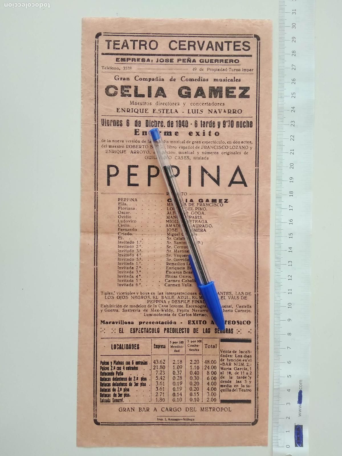 Coleccionismo de carteles: CARTEL TEATRO CERVANTES DE MALAGA 1940 COMPA&Ntilde;IA CELIA GAMEZ ENRIQUE ESTELA LUIS NAVARRO PEPPINA