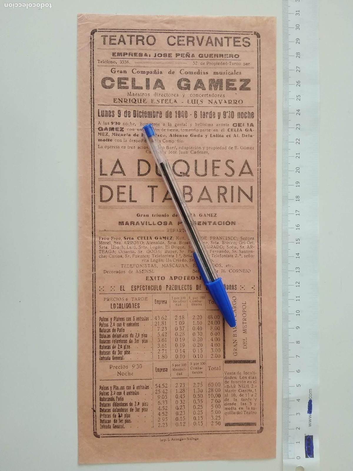 Coleccionismo de carteles: CARTEL TEATRO CERVANTES DE MALAGA 1940 COMPA&Ntilde;IA CELIA GAMEZ ENRIQUE ESTELA LUIS NAVARRO LA DUQUESA