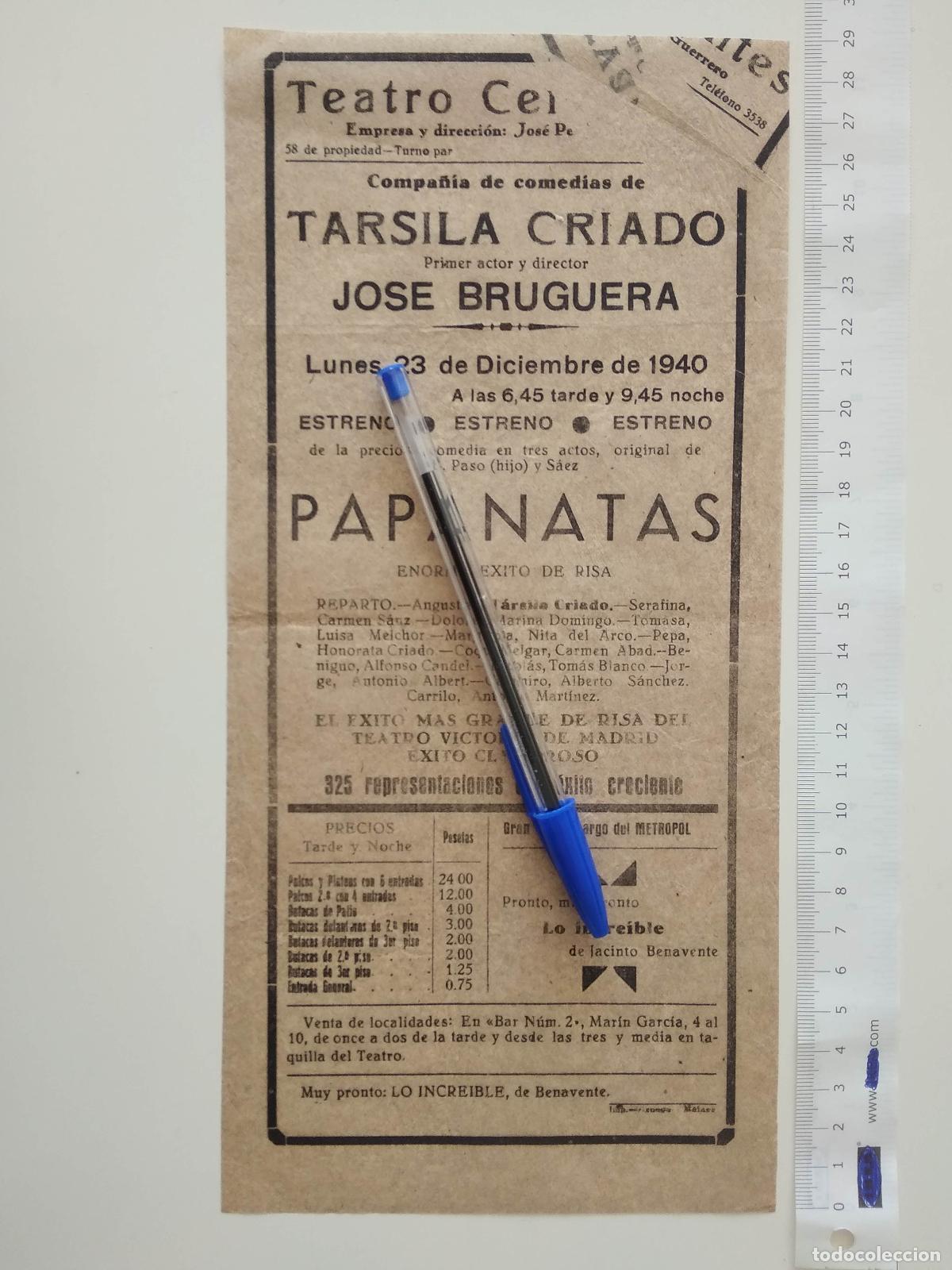 Coleccionismo de carteles: CARTEL TEATRO CERVANTES DE MALAGA 1940 COMPA&Ntilde;IA TARSILA CRIADO JOSE BRUGUERA PAPANATAS ERROR IMPRENT