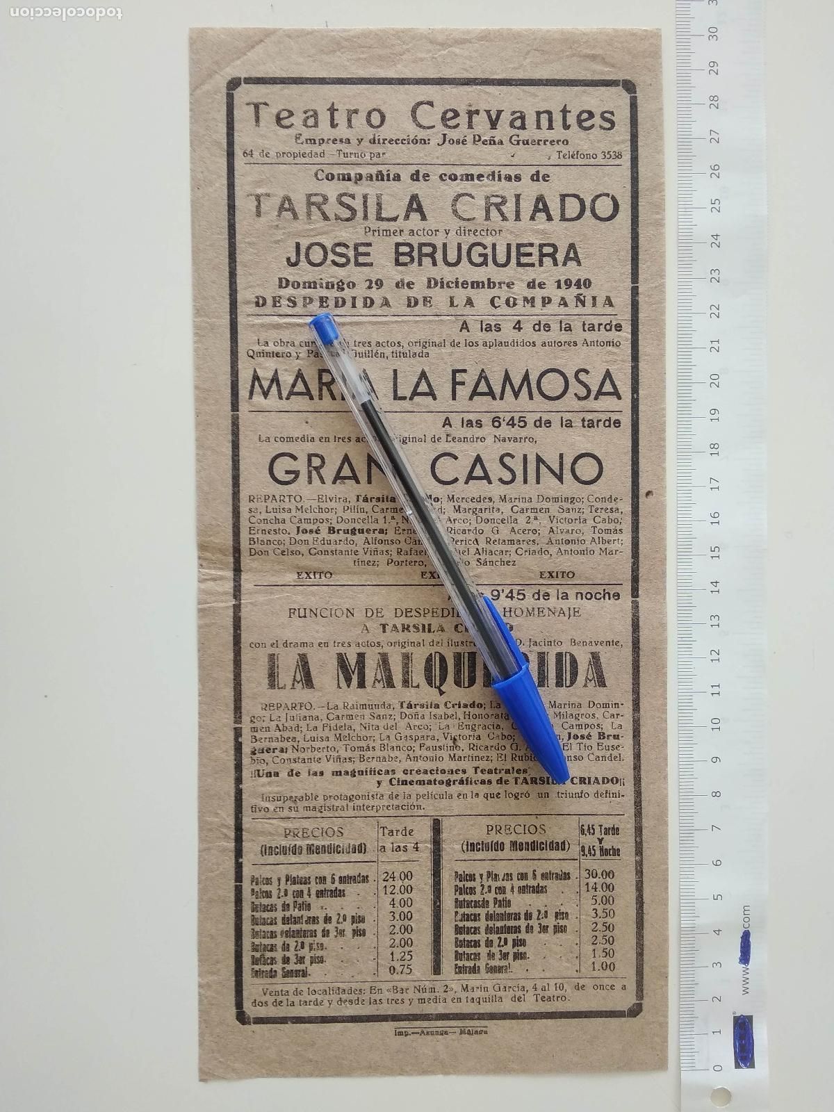 Coleccionismo de carteles: CARTEL TEATRO CERVANTES DE MALAGA 1940 COMPA&Ntilde;IA TARSILA CRIADO JOSE BRUGUERA MARIA LA FAMOSA CASINO