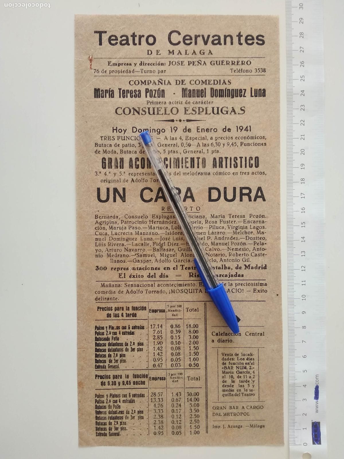 Coleccionismo de carteles: CARTEL TEATRO CERVANTES DE MALAGA 1941 COMPA&Ntilde;IA MARIA TERESA POZON MANUEL DOMINGUEZ LUNA ESPLUGAS