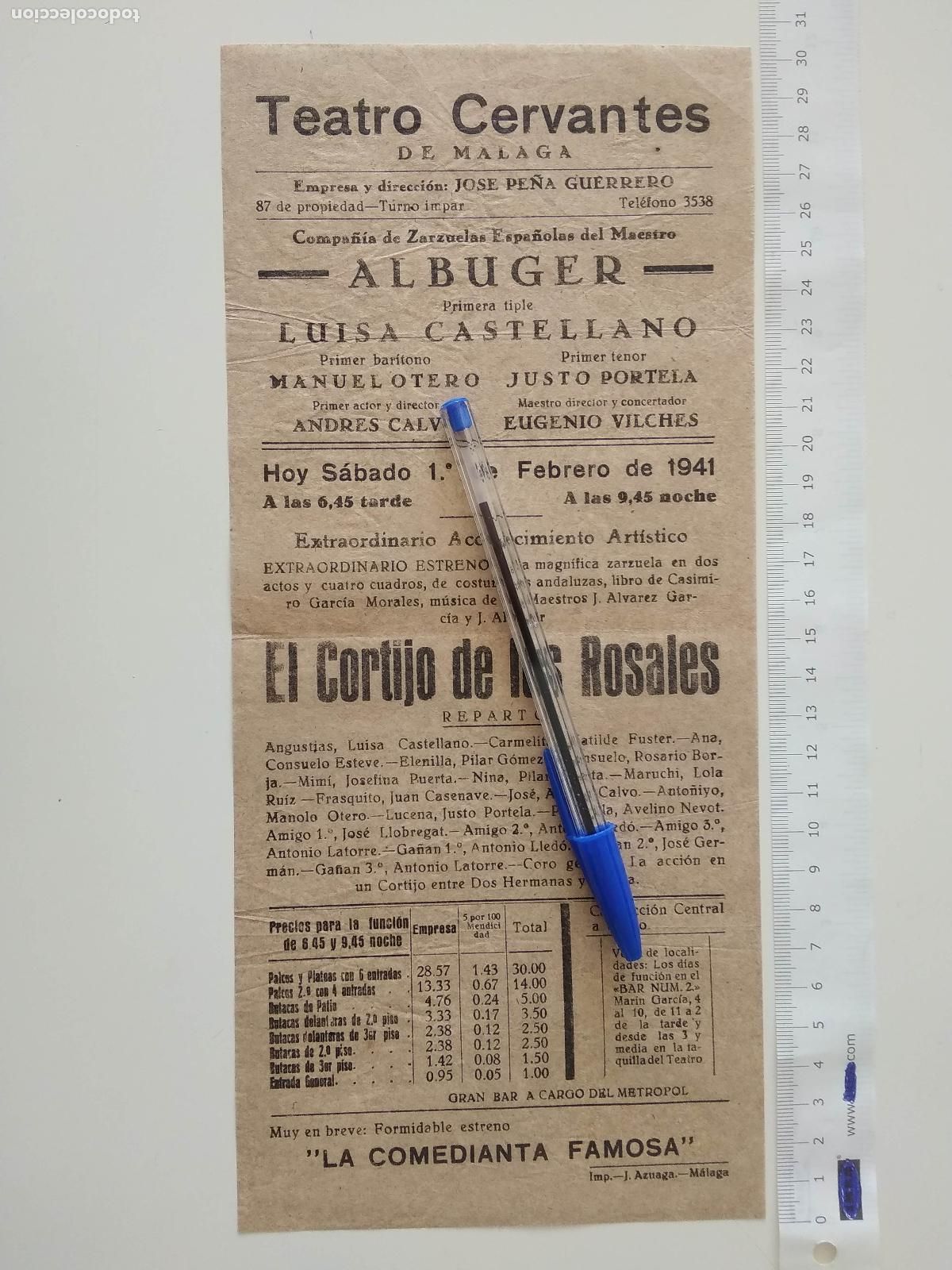 Coleccionismo de carteles: CARTEL TEATRO CERVANTES DE MALAGA 1941 COMPA&Ntilde;IA ALBUGER LUISA CASTELLANO MANUEL OTERO JUSTO PORTELA