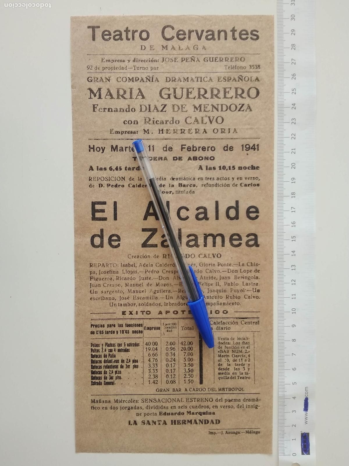 Coleccionismo de carteles: CARTEL TEATRO CERVANTES DE MALAGA 1941 COMPA&Ntilde;IA MARIA GUERRERO FERNANDO DIAZ MENDOZA RICARDO CALVO