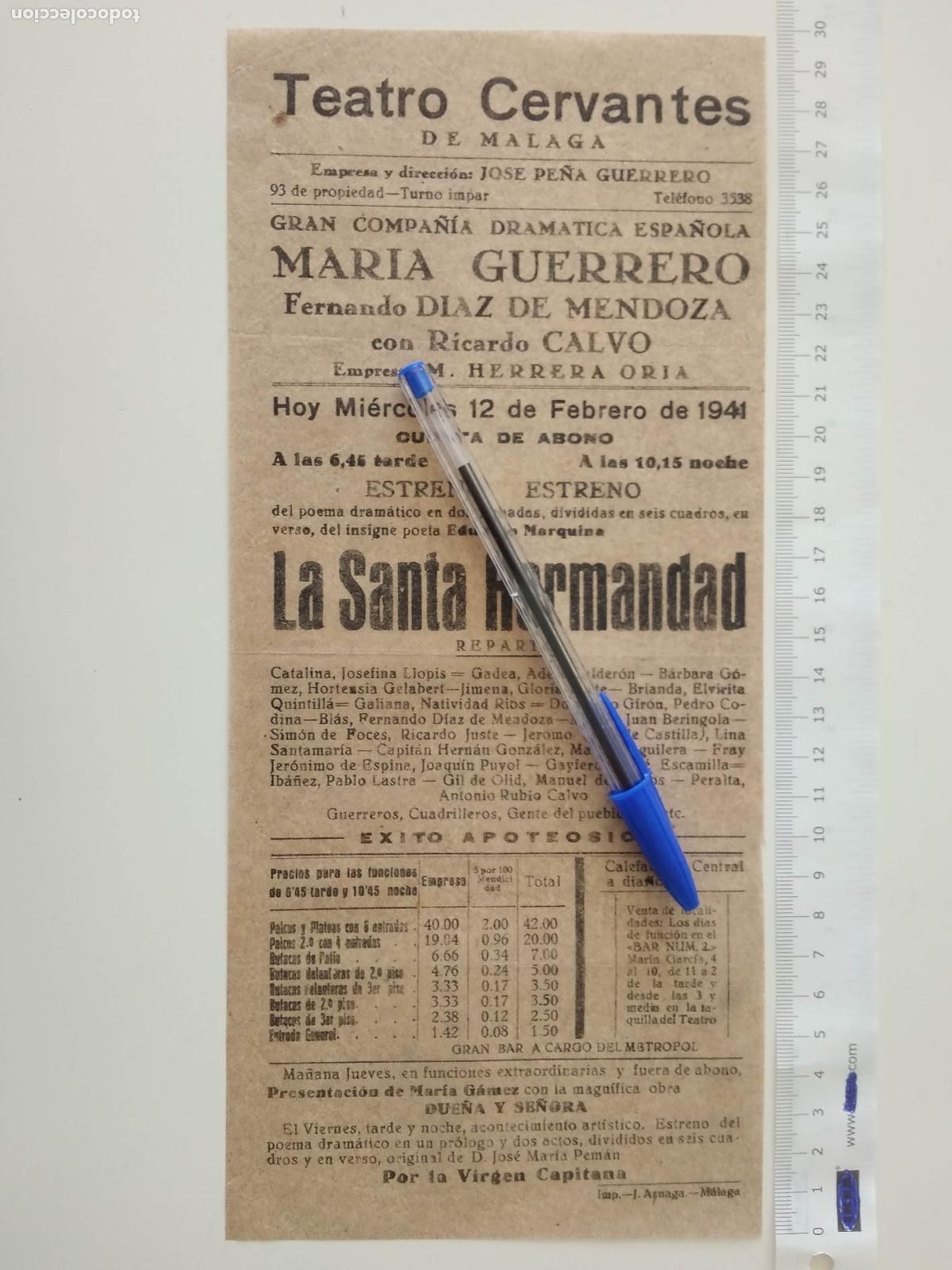 Coleccionismo de carteles: CARTEL TEATRO CERVANTES DE MALAGA 1941 COMPA&Ntilde;IA MARIA GUERRERO FERNANDO DIAZ MENDOZA RICARDO CALVO