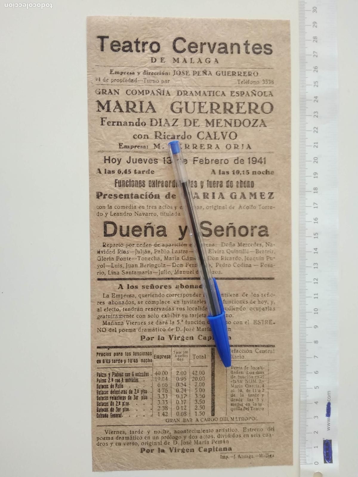 Coleccionismo de carteles: CARTEL TEATRO CERVANTES DE MALAGA 1941 COMPA&Ntilde;IA MARIA GUERRERO FERNANDO DIAZ MENDOZA RICARDO CALVO