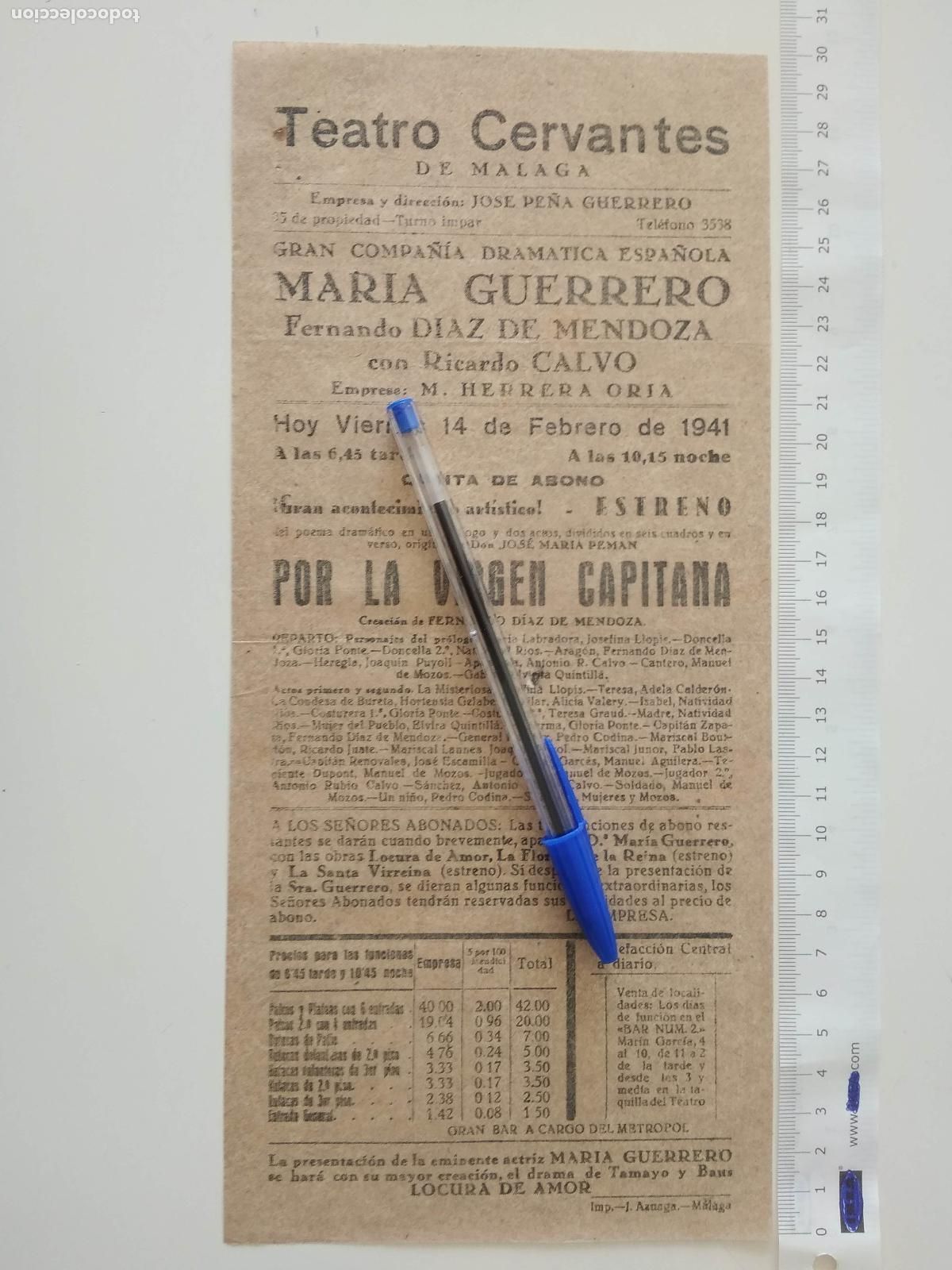 Coleccionismo de carteles: CARTEL TEATRO CERVANTES DE MALAGA 1941 COMPA&Ntilde;IA MARIA GUERRERO FERNANDO DIAZ MENDOZA RICARDO CALVO