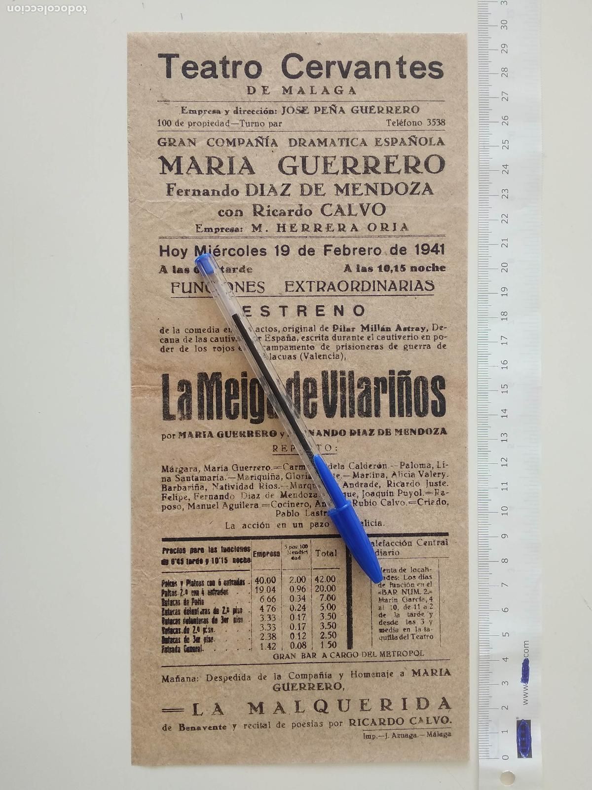 Coleccionismo de carteles: CARTEL TEATRO CERVANTES DE MALAGA 1941 COMPA&Ntilde;IA MARIA GUERRERO FERNANDO DIAZ MENDOZA RICARDO CALVO