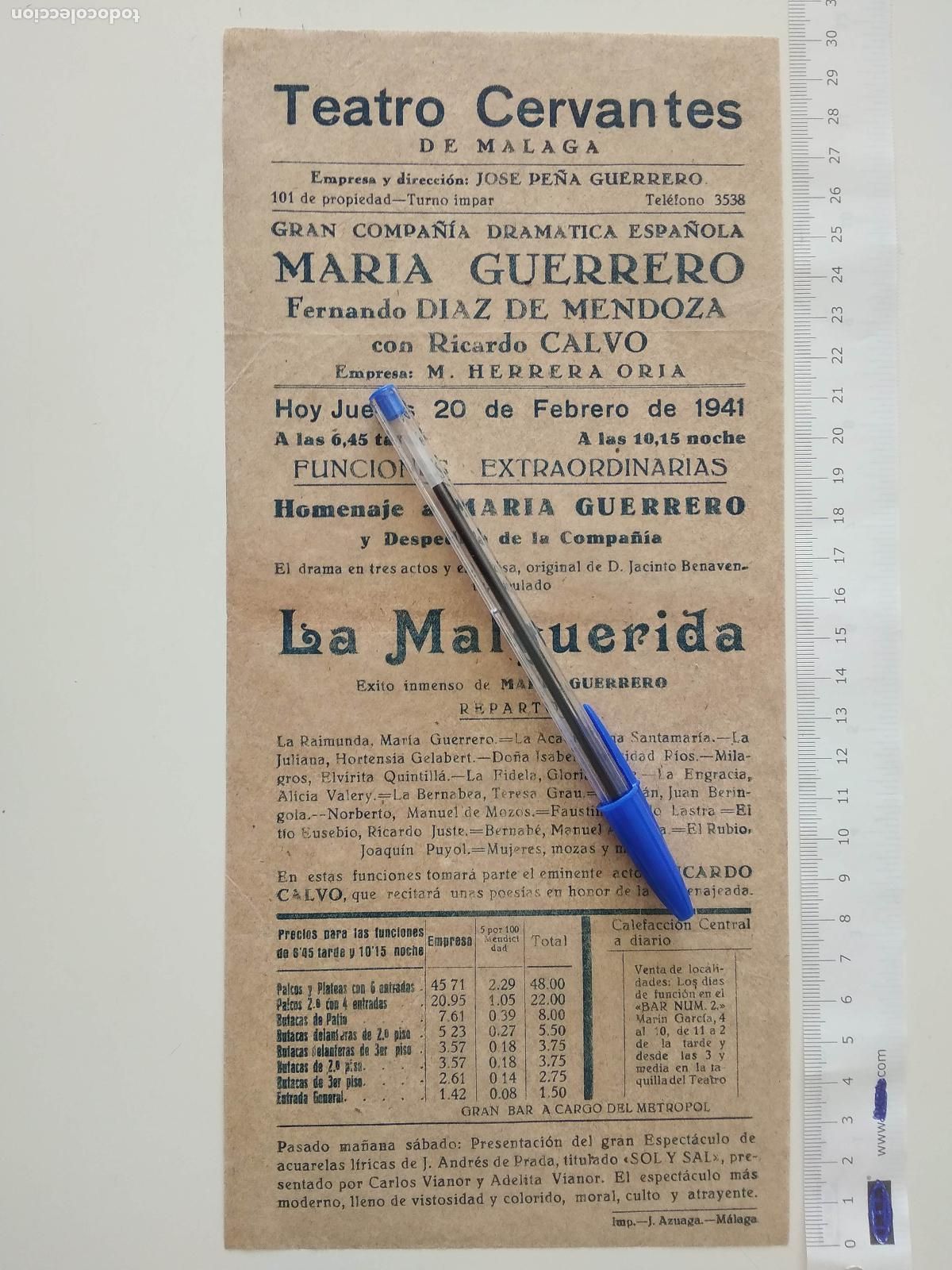 Coleccionismo de carteles: CARTEL TEATRO CERVANTES DE MALAGA 1941 COMPA&Ntilde;IA MARIA GUERRERO FERNANDO DIAZ MENDOZA RICARDO CALVO