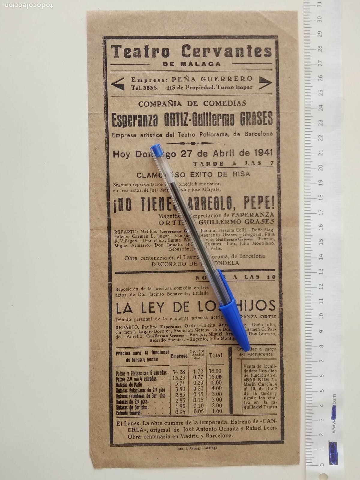 Coleccionismo de carteles: CARTEL TEATRO CERVANTES DE MALAGA 1941 COMPA&Ntilde;IA ESPERANZA ORTIZ GUILLERMO GRASES PE&Ntilde;A GUERRERO