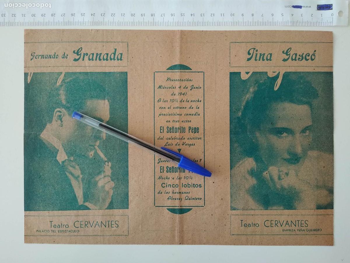 Coleccionismo de carteles: CARTEL TEATRO CERVANTES DE MALAGA 1941 COMPA&Ntilde;IA PE&Ntilde;A GUERRERO FERNANDO DE GRANADA TINA GASCO