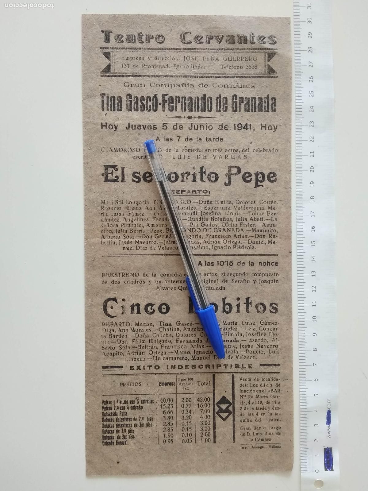 Coleccionismo de carteles: CARTEL TEATRO CERVANTES DE MALAGA 1941 COMPA&Ntilde;IA PE&Ntilde;A GUERRERO FERNANDO DE GRANADA TINA GASCO