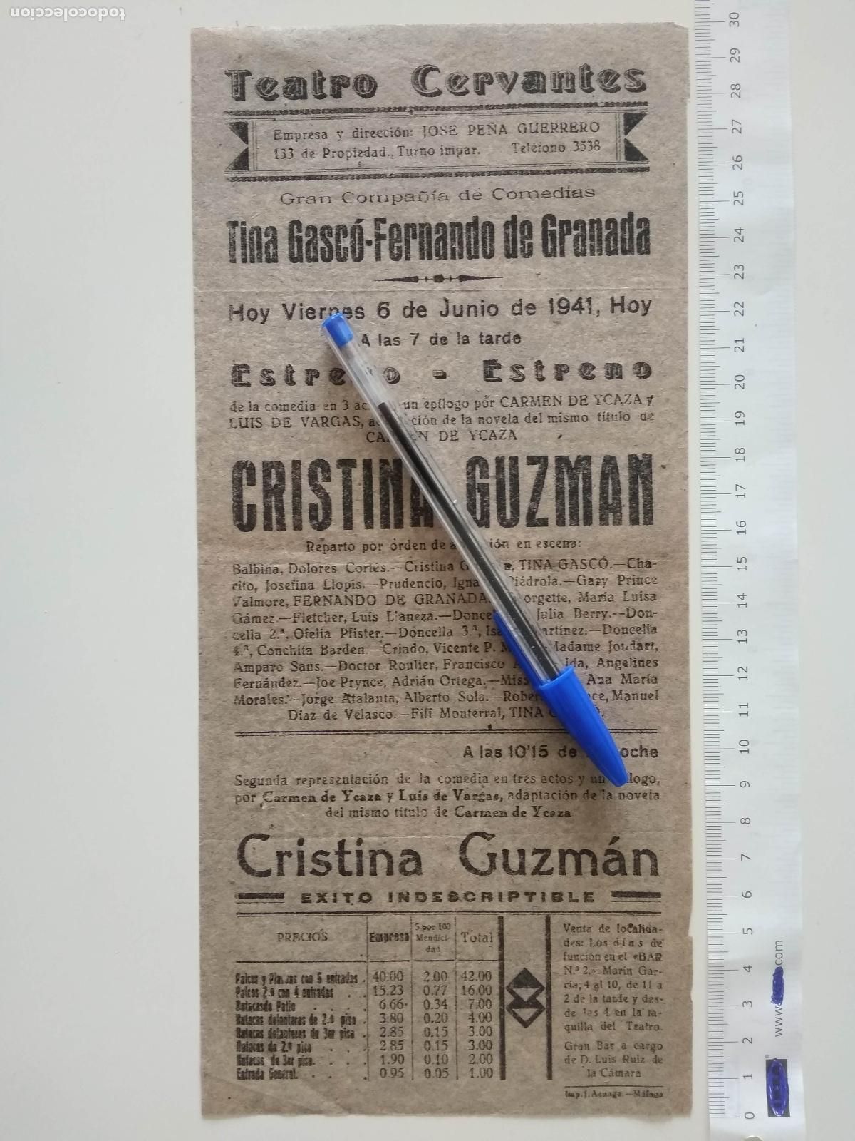 Coleccionismo de carteles: CARTEL TEATRO CERVANTES DE MALAGA 1941 COMPA&Ntilde;IA PE&Ntilde;A GUERRERO FERNANDO DE GRANADA TINA GASCO