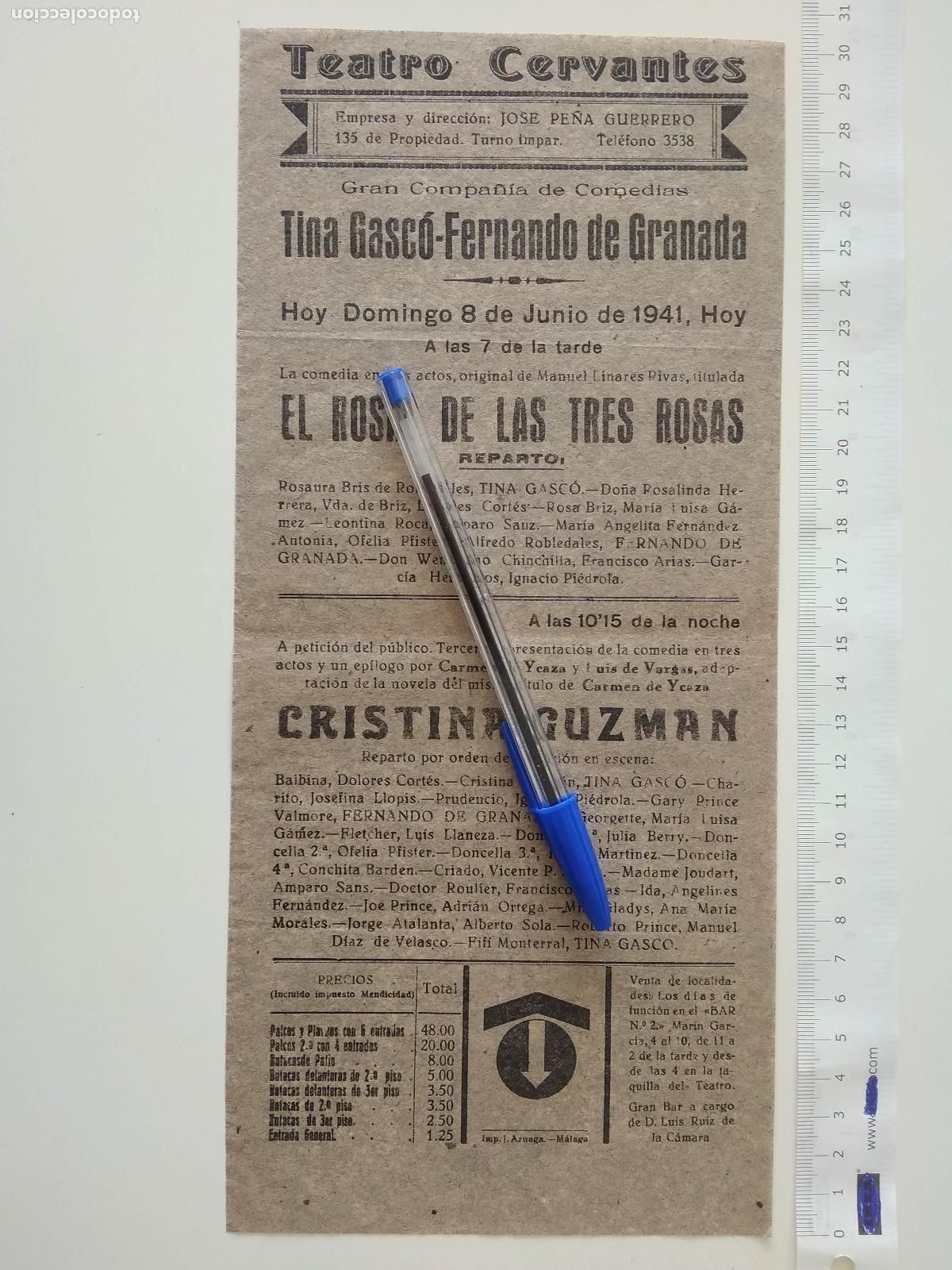 Coleccionismo de carteles: CARTEL TEATRO CERVANTES DE MALAGA 1941 COMPA&Ntilde;IA PE&Ntilde;A GUERRERO FERNANDO DE GRANADA TINA GASCO