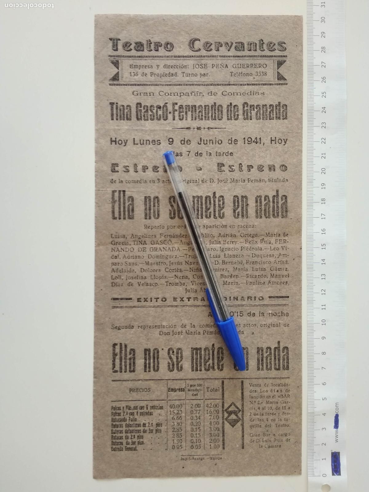 Coleccionismo de carteles: CARTEL TEATRO CERVANTES DE MALAGA 1941 COMPA&Ntilde;IA PE&Ntilde;A GUERRERO FERNANDO DE GRANADA TINA GASCO