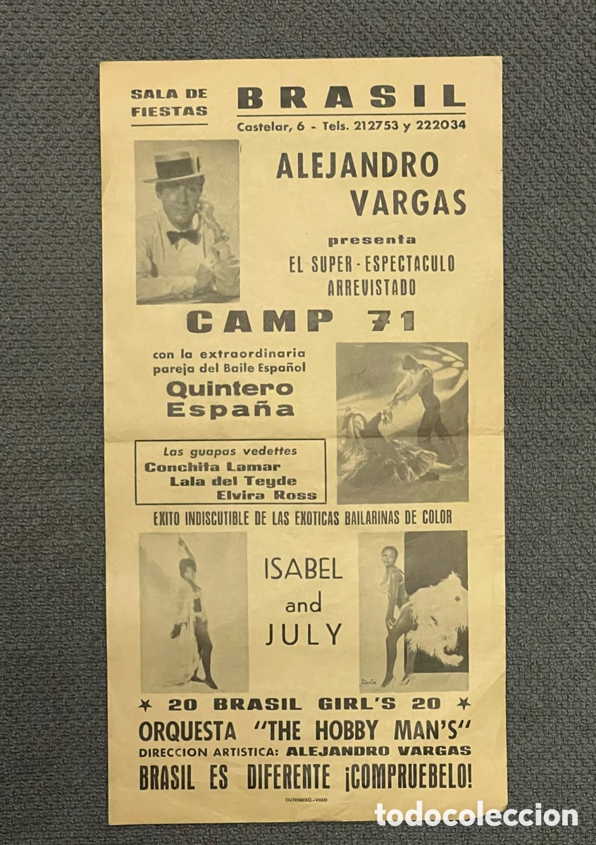 Coleccionismo de carteles: VIGO Sala de Fiestas BRASIL.., Alejandro Vargas con las guapas vedettes Conchita Lamar.. Cartel
