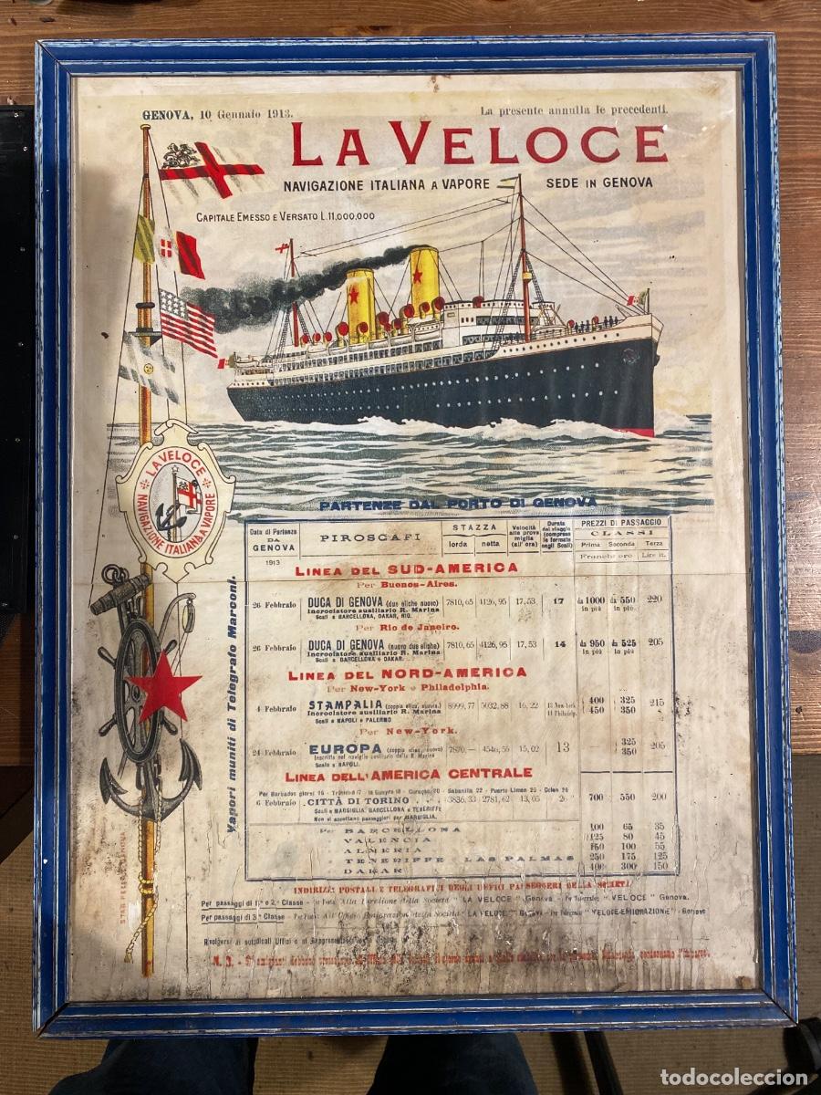 Coleccionismo de carteles: CARTEL LA VELOCE NAVIGAZIONE ITALIANA A VAPORE 1913 MARCO DE MADERA 46X60CM