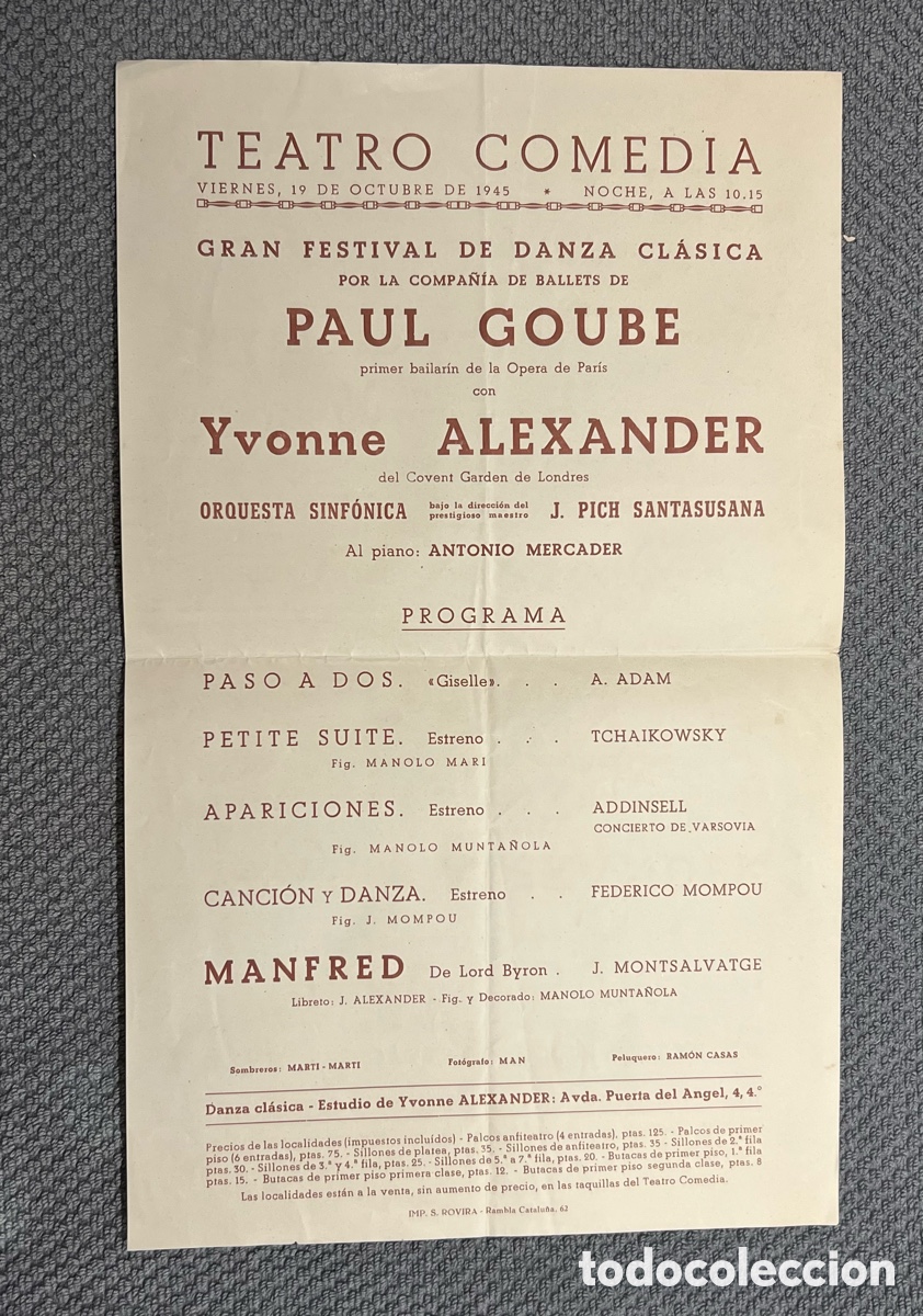 Coleccionismo de carteles: BARCELONA TEATRO COMEDIA. FESTIVAL DANZA. COMPA&Ntilde;&Iacute;A DE BALLETS DE PAUL GOUBE (a.1945)