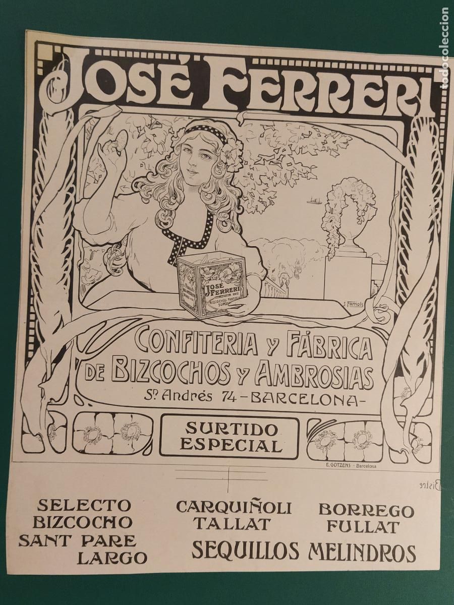 Coleccionismo de carteles: MODERNISMO-JOSE FERRERI CONFITERIA Y FABRICA BIZCOCHOS-BARCELONA- SANTIAGO FARRIOLS - CARTEL ANTIGUO