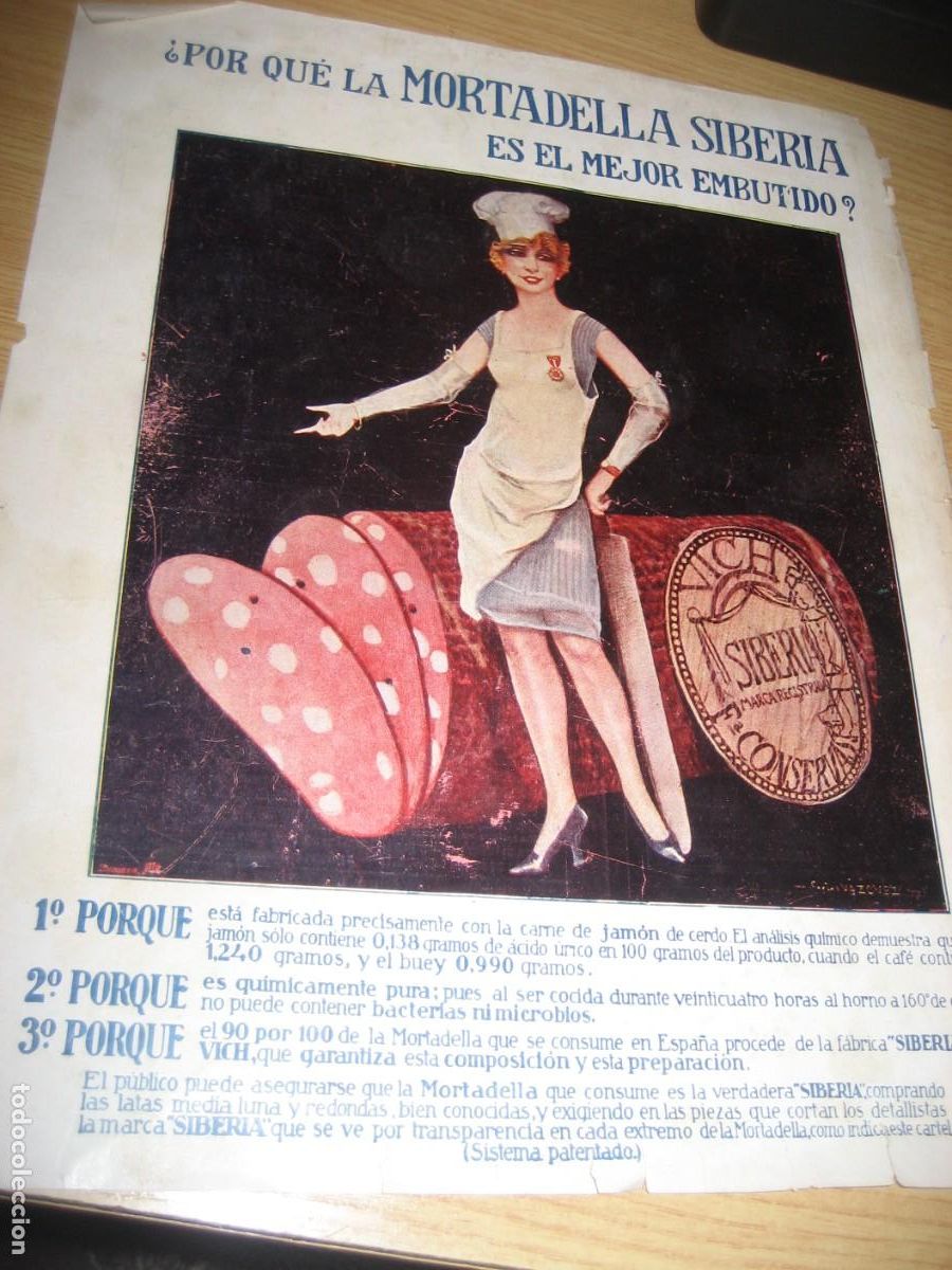 Coleccionismo de carteles: antigua publicidad Mortadela Siberia de Vic . Embutido . Hoja revista a&ntilde;os 20