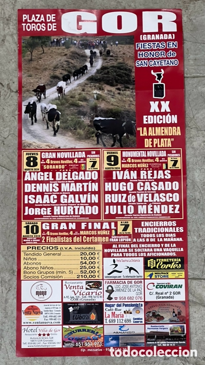 Coleccionismo de carteles: Cartel de Toros peque&ntilde;o. Fiestas en Honor a San Cayetano. Gor. Granada. 2024.